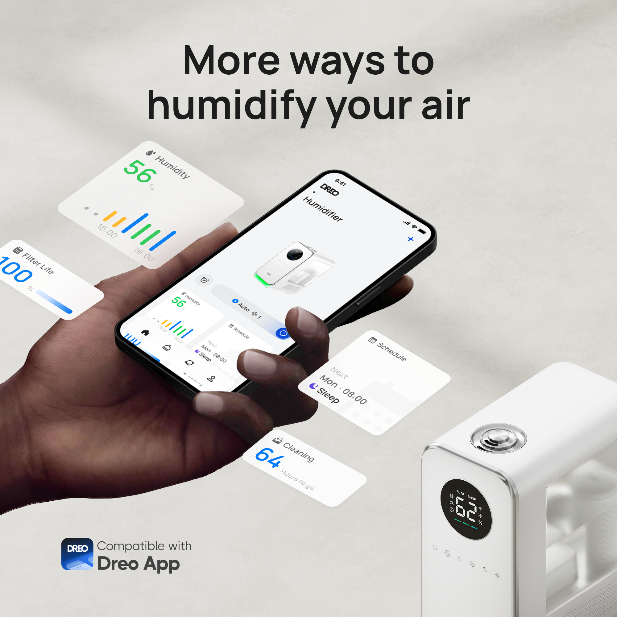 More ways to humidify your air:
1. 56 Humidity:
- B: %
- DREO Humidifier
- 15:00
- 16:00
- Schedule next sleep
- 28:00
- Next Mon
- Compatible with Dreo App
- 64 Cleaning Hours to go...
- 0 In: