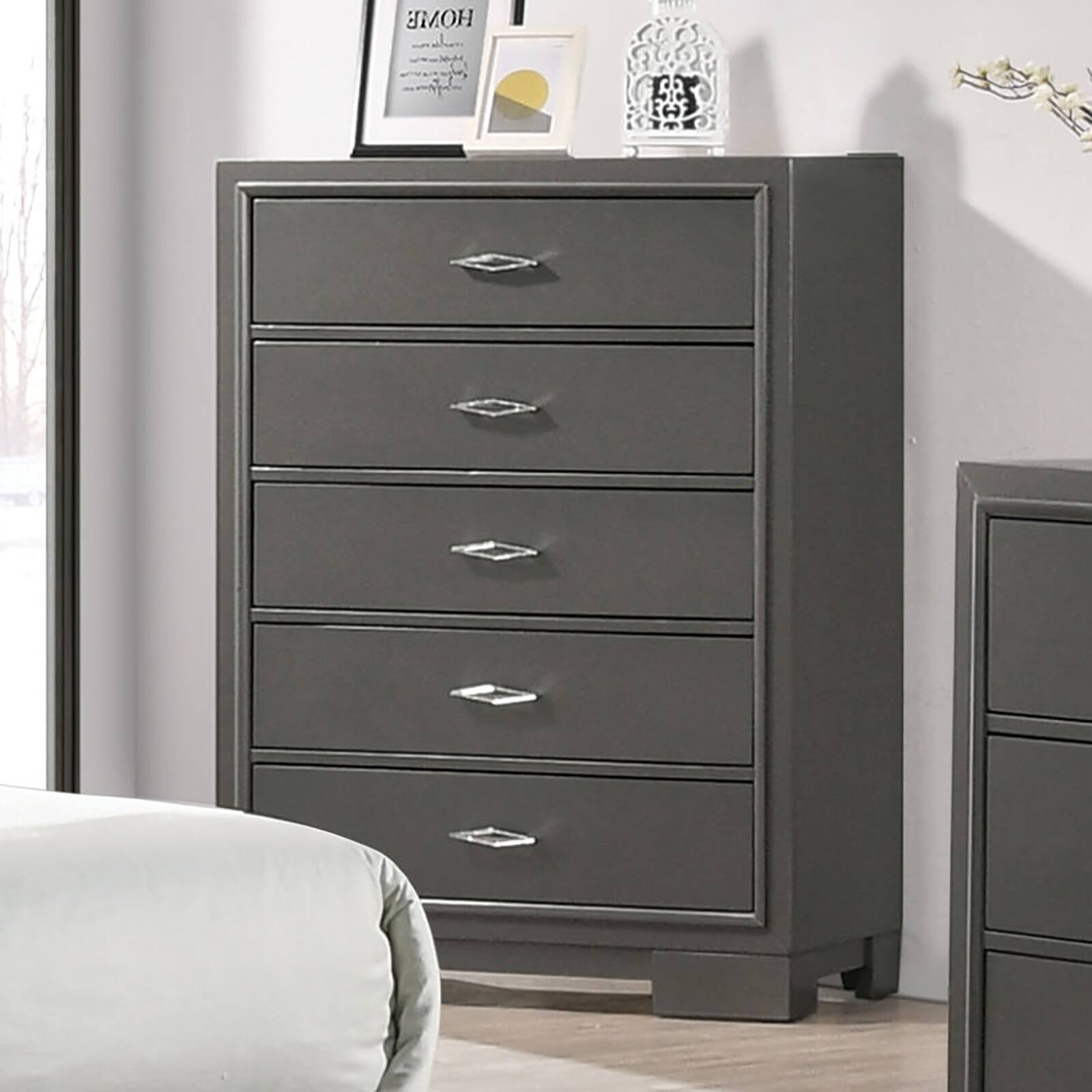 Alt View 1. TinyHomie - 1pc chest Contemporary Style Five Drawers Acrylic Drawers Handles Bracket Feet Metallic Grey Finish - Metallic Grey.