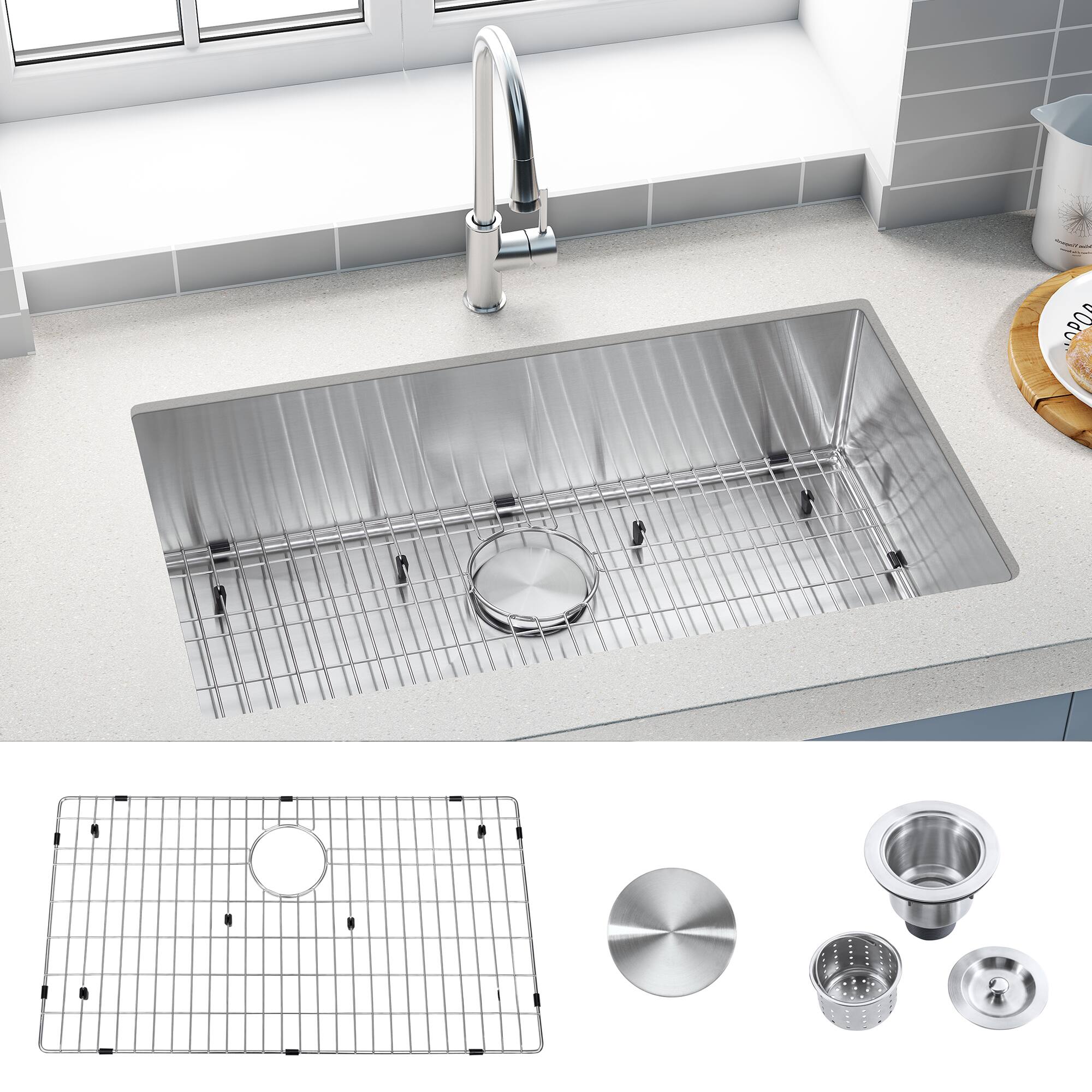 Left. Akicon - Akicon 32 in. Undermount Single Bowl 18-Gauge Brushed Stainless Steel Kitchen Sink with Bottom Grid and Basket Strainer - Silver.