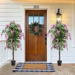 Front. Costway - Costway 2 PCS 6 FT Artificial Wisteria Silk Tree Pink Flower Indoor-Patio Home - Green.