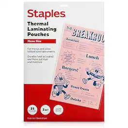 Staples - Thermal Laminating Pouches, Menu Size, 3 Mil, 25/Pack (5201102/5201104) - Clear