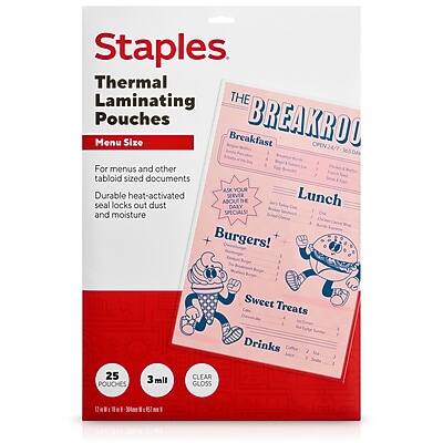 Staples  
Thermal Laminating Pouches  
Menu Size  
For menus and other tabloid sized documents  
Durable heat-activated seal locks out dust and moisture  

25 POUCHES  
3 mil  
CLEAR GLOSS  

THE BREAKROO  
OPEN 24/7  
Breakfast  
Lunch  
Dinners  
Burgers!  
Sweet Treats  
Drinks  

ASK YOUR SERVER ABOUT THE SPECIALS