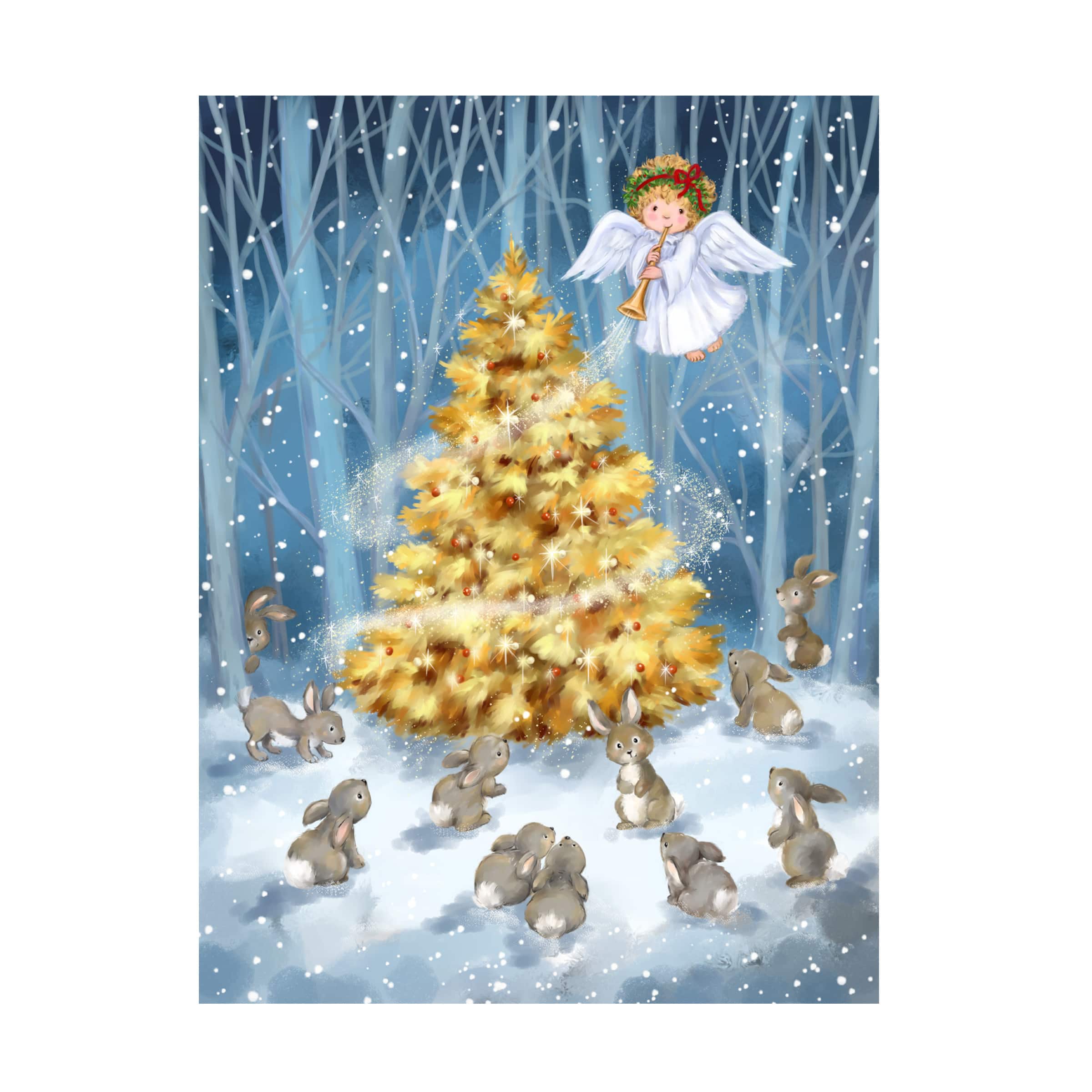 Trademark Fine Art - MAKIKO Angel With Christmas Tree Canvas Art - 14x19 - Multicolor