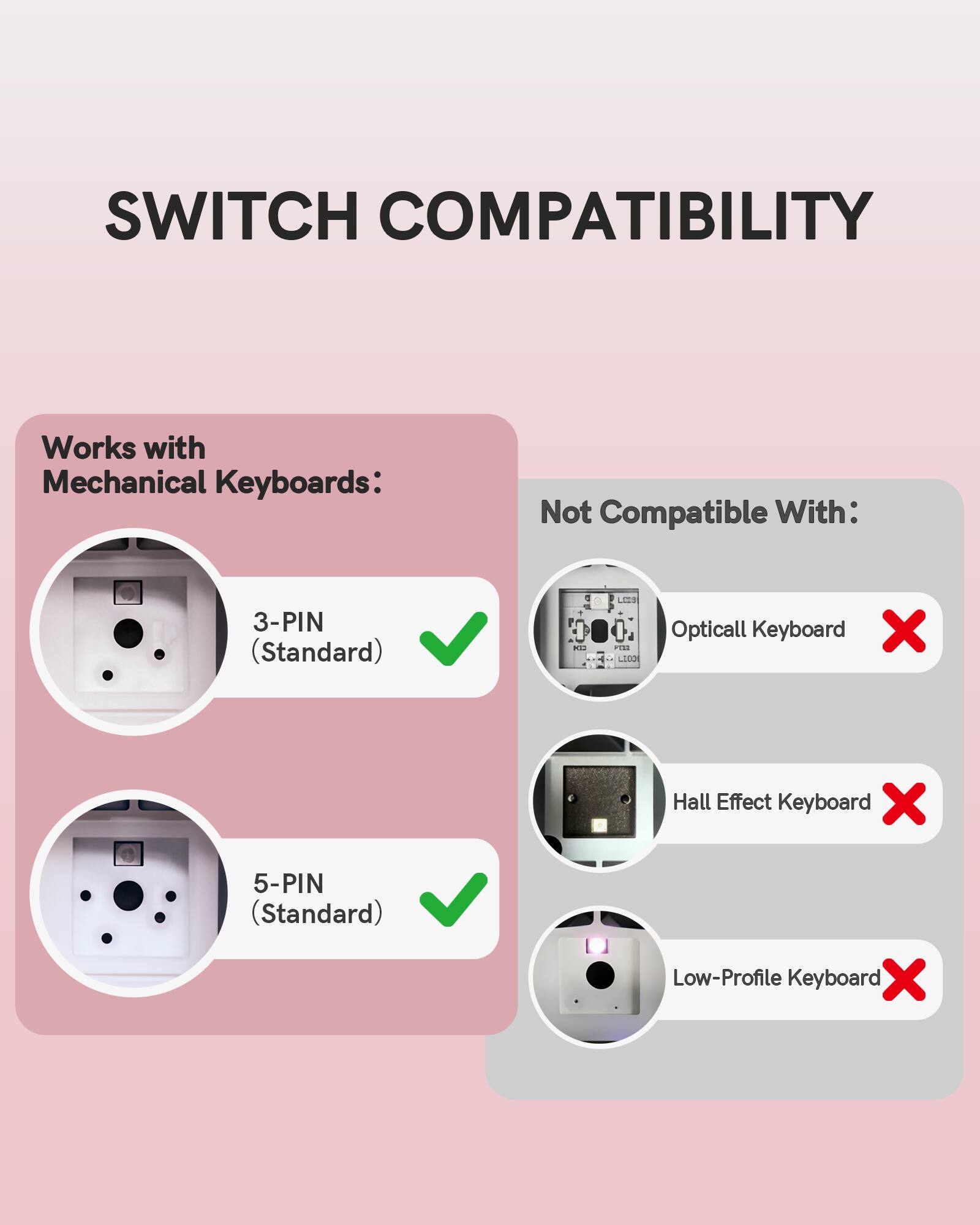 SWITCH COMPATIBILITY

Works with Mechanical Keyboards:
- 3-PIN (Standard) ✔️
- 5-PIN (Standard) ✔️

Not Compatible With:
- Optical Keyboard ❌
- Hall Effect Keyboard ❌
- Low-Profile Keyboard ❌