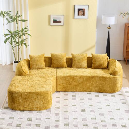 Angle. Anysun - Chenille L-Shape Compressed Sofa - High-Elastic Sponge, Curved Armrests & 4 Throw Pillows for Living Room - Yellow.