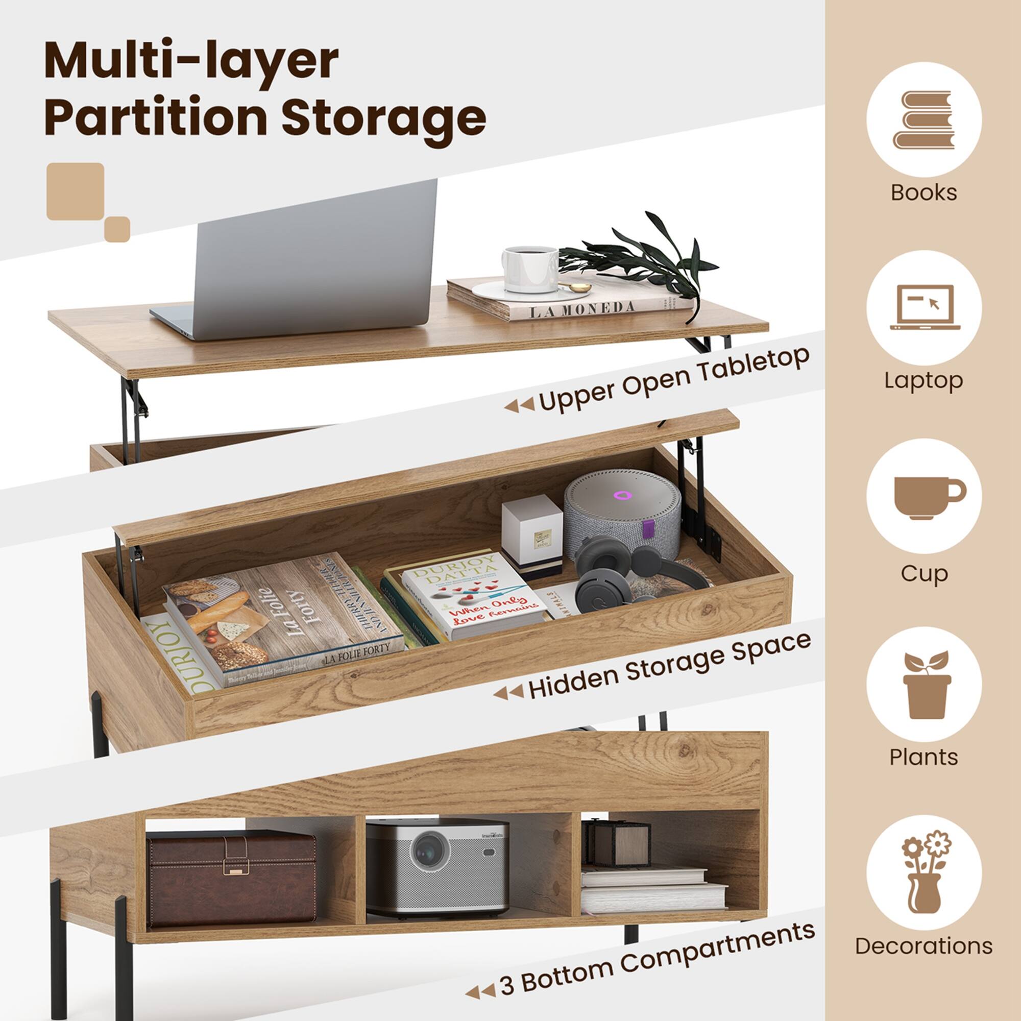 Multi-layer Partition Storage: A storage solution with multiple compartments for organizing and storing various items. The storage features a laptop, books, a cup, and plants, making it a versatile and functional piece of furniture.