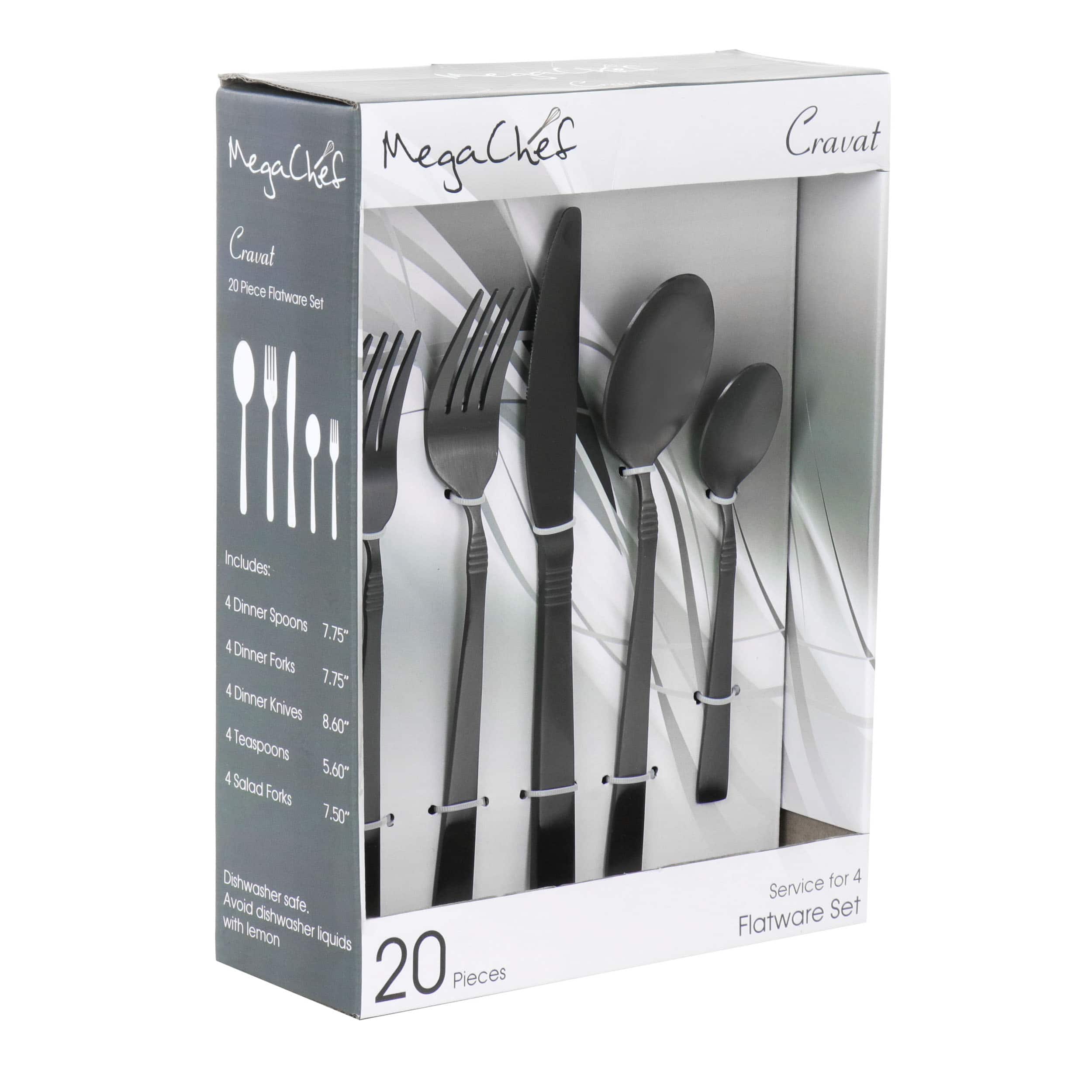MegaChef - Cravat 20 Piece Flatware Utensil Set, Stainless Steel Silverware Metal Service for 4 in Matte - Black price history on PriceWatchPro