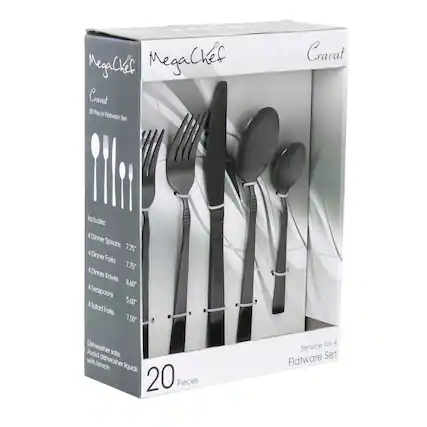 MegaChef Cravat 20 Piece Flatware Set Cravat Includes: 4 Dinner Spoons 7.75" 4 Dinner Forks 7.75" 4 Dinner Knives 8.60" 4 Teaspoons 5.60" 4 Salad Forks 7.50" Dishwasher safe. Avoid dishwasher liquids with lemon 20 Pieces for 4 Service Flatware Set