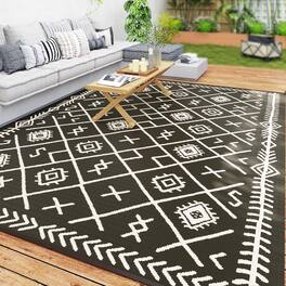 Outsunny - Reversible Outdoor Rug, 9' x 12' Waterproof Plastic Straw Floor Mat, Portable RV Camping Carpet, Large Floor Mat - Black and Beige Rhombus