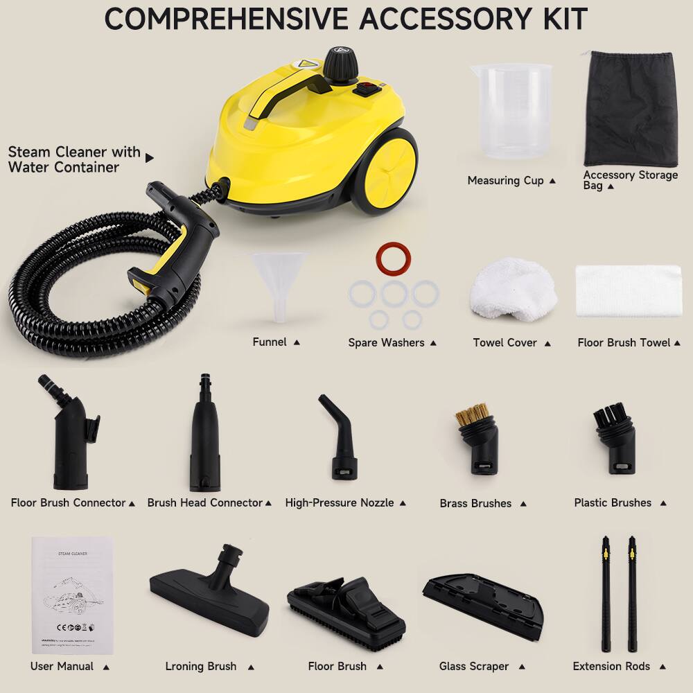 COMPREHENSIVE ACCESSORY KIT

- Steam Cleaner with Water Container
- Measuring Cup
- Accessory Storage Bag
- Funnel
- Spare Washers
- Towel Cover
- Floor Brush Towel
- Floor Brush Connector
- Brush Head Connector
- High-Pressure Nozzle
- Brass Brushes
- Plastic Brushes
- User Manual
- Lroning Brush
- Floor Brush
- Glass Scraper
- Extension Rods
