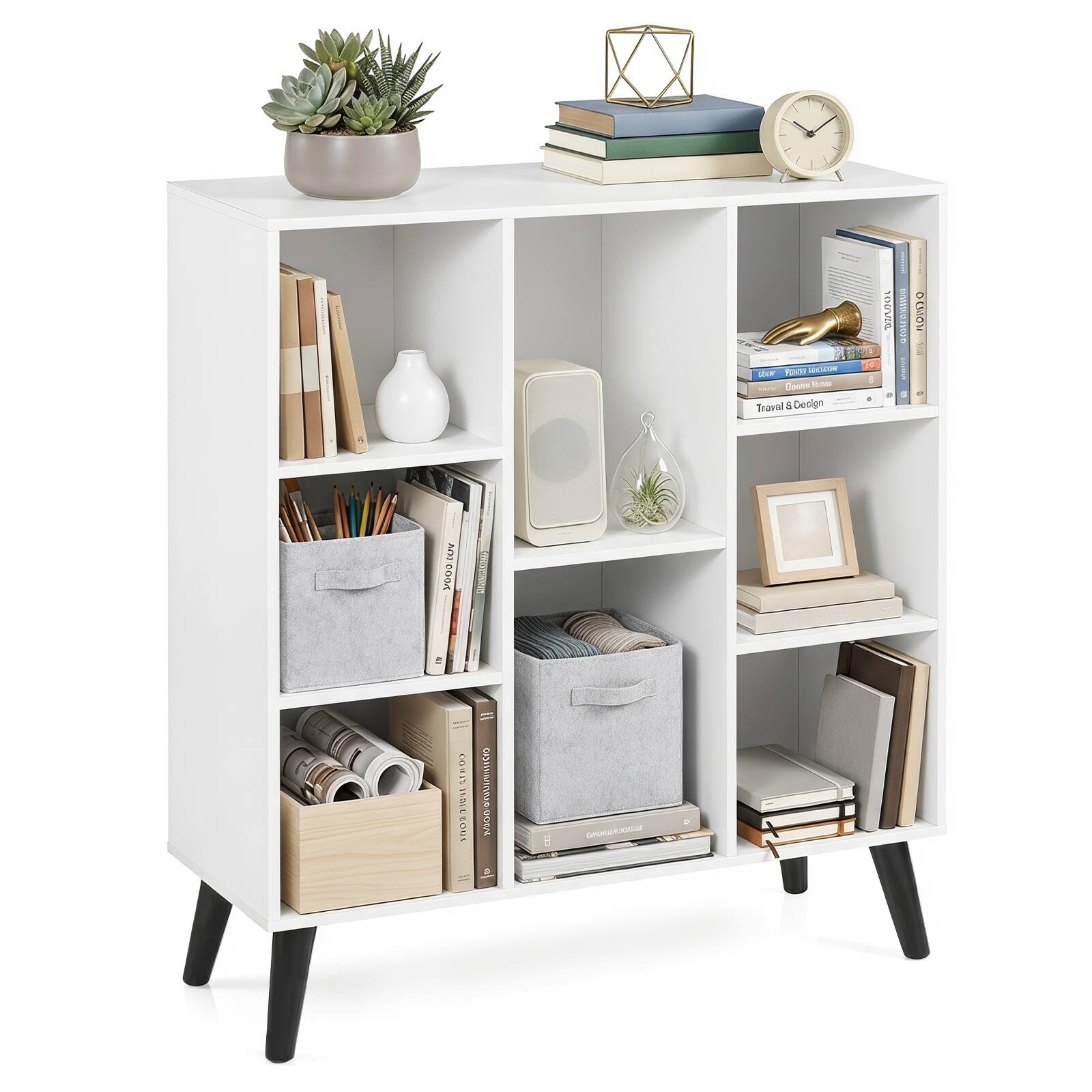 Costway 8 Cube Bookshelf, 3 Tier Bookcase with Elevated Metal Legs for ...