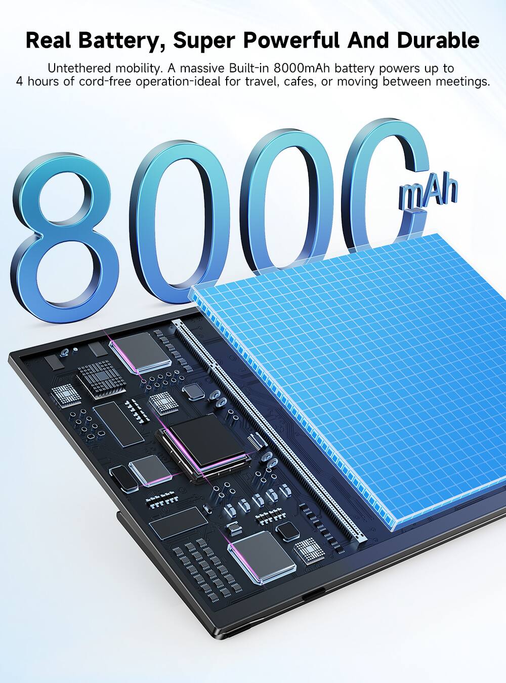Real Battery, Super Powerful And Durable  
Untethered mobility. A massive Built-in 8000mAh battery powers up to 4 hours of cord-free operation-ideal for travel, cafes, or moving between meetings.  
8000 mAh