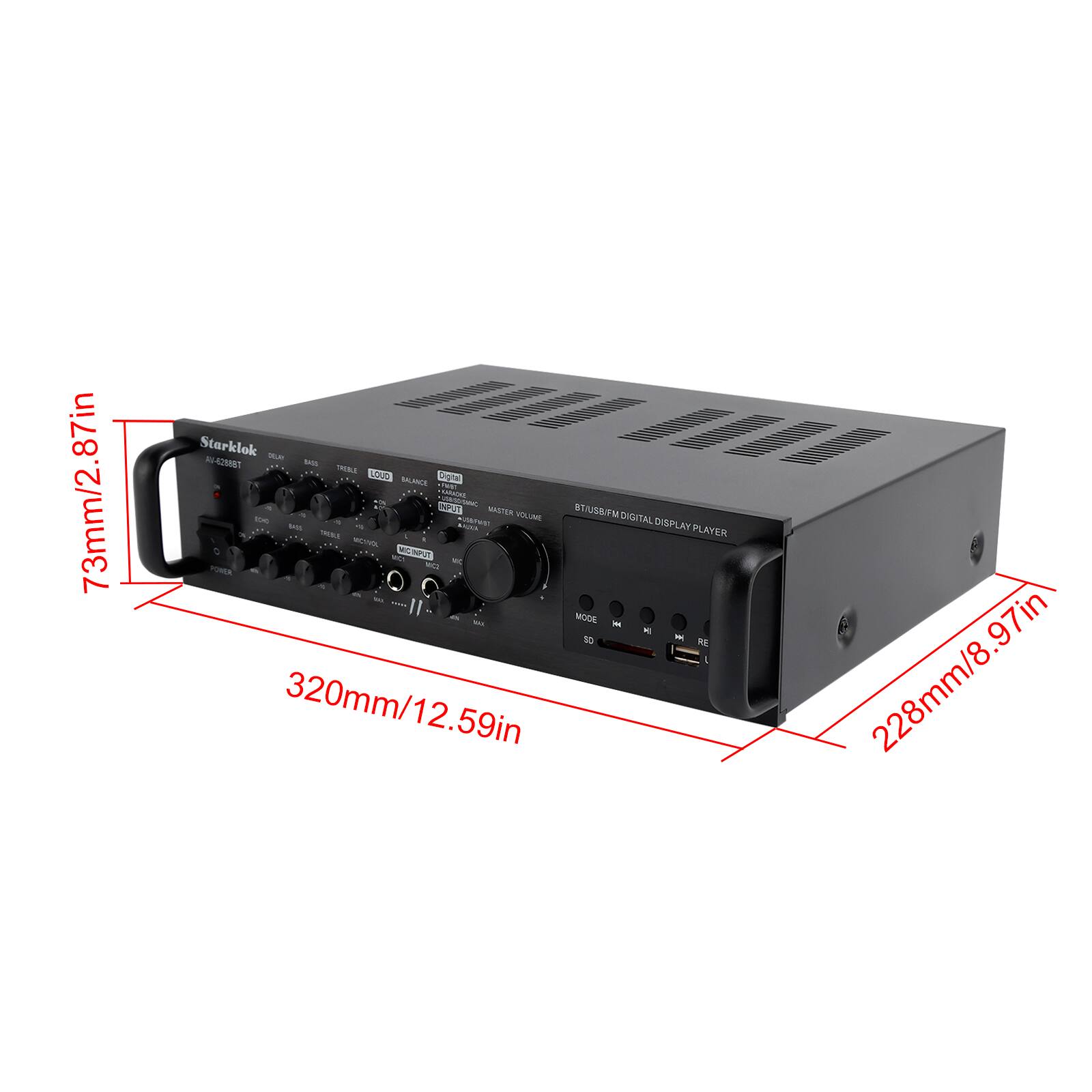 73mm/2.87in Starklok - M-42 MW - L LOUD cutel . SALANCE . Eed NASTER STAUB ET - m STUe SOUME BT/US&/FM DIGITAL DISPLAY PLAYER - MODE B - 10 - RE 320mm/12.59in - 228mm/8.97in