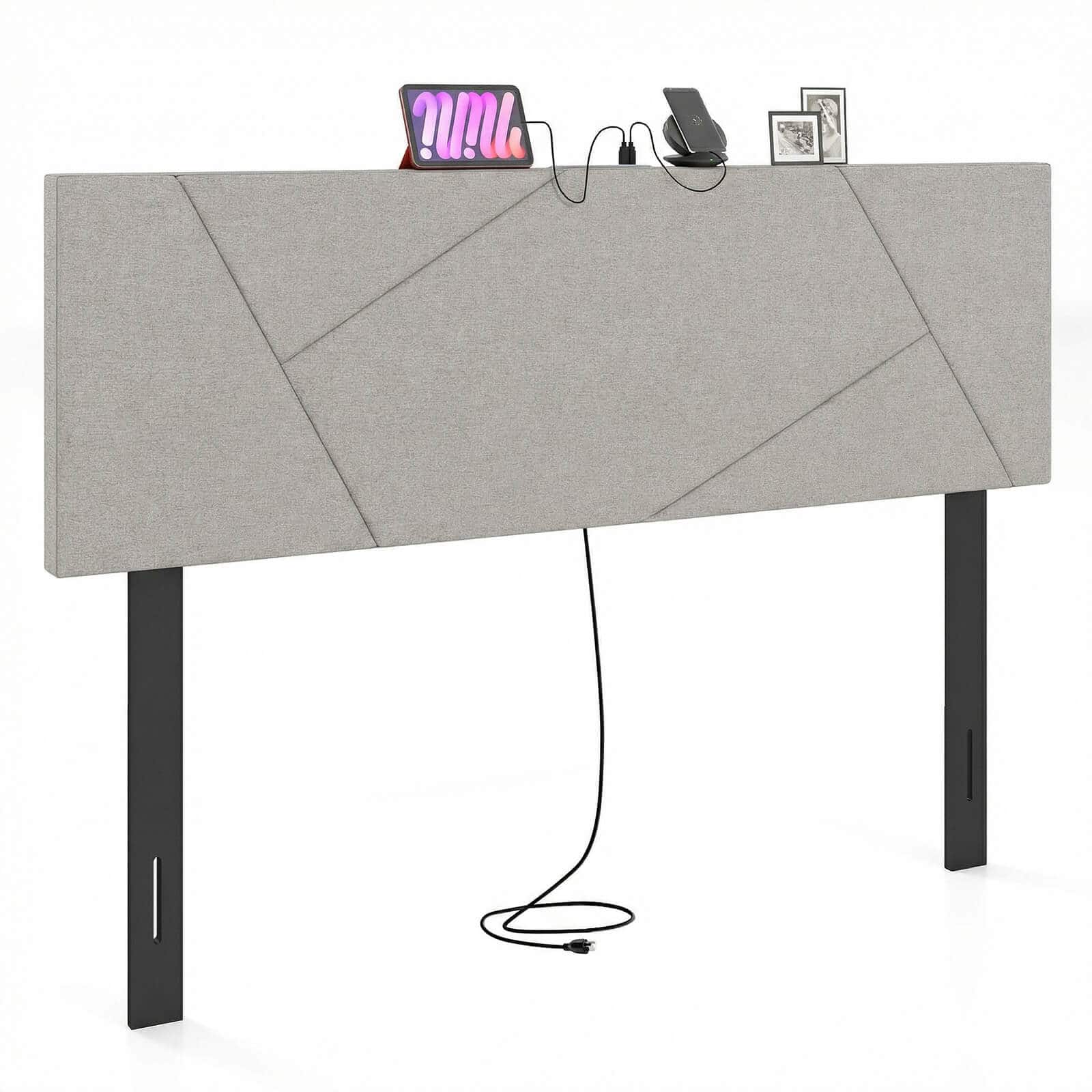 Costway - Headboard for Queen&Full Size Bed,Geometric Upholstered Head Board with 2AC Outlets - Gray