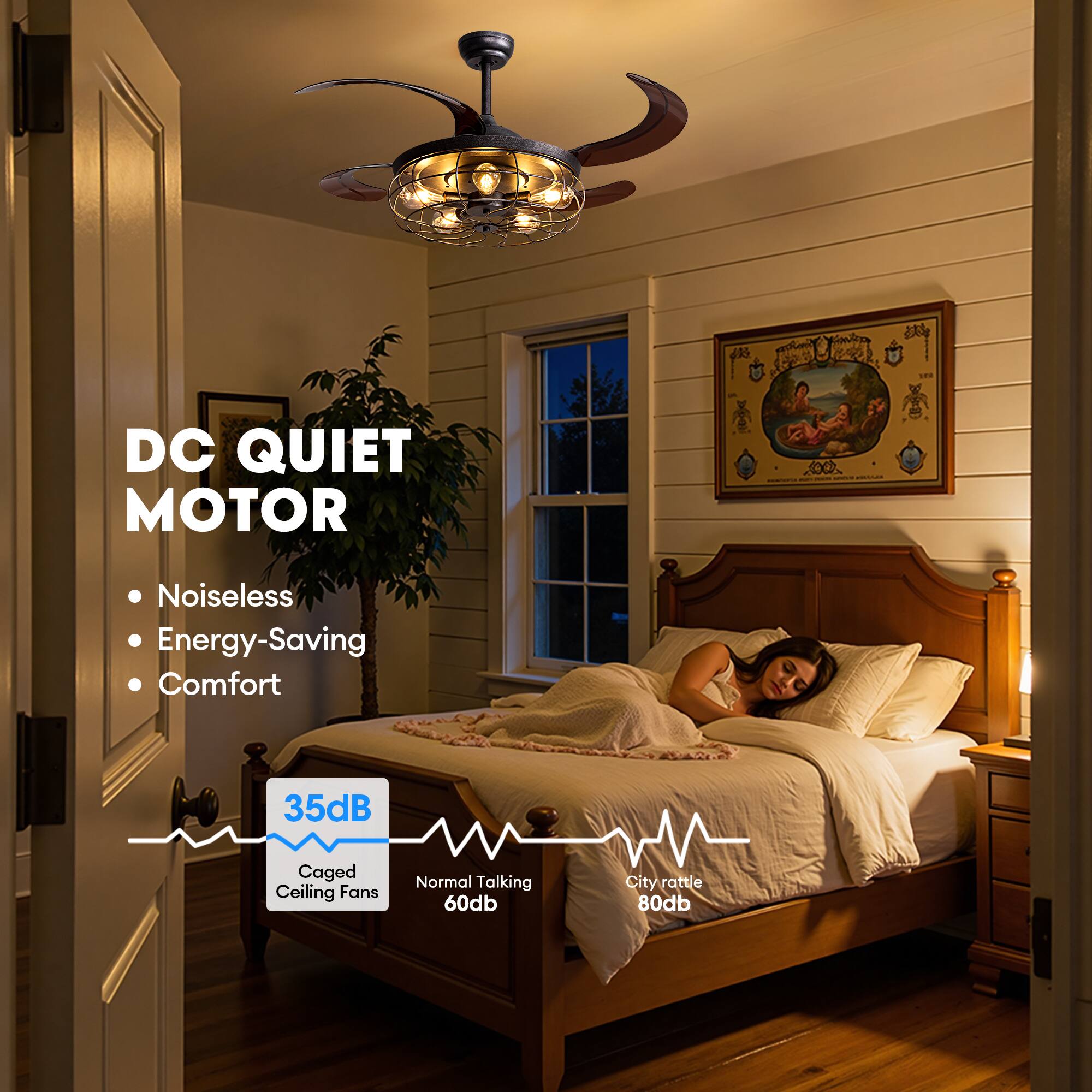 DC Quiet Motor  
Noiseless Energy-Saving Comfort  
35dB Caged Ceiling Fans  
Normal Talking 60dB  
City Rattle 80dB
