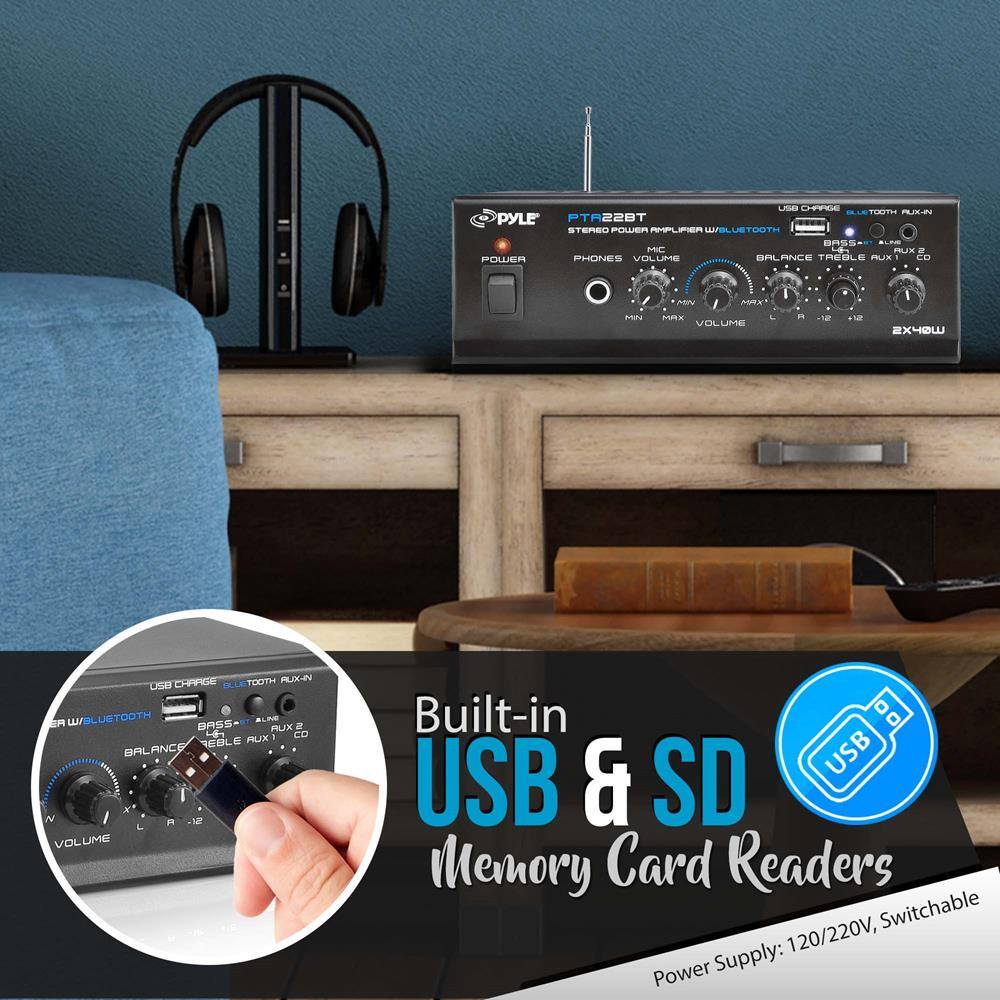 Sure, here is the corrected and grouped text:

---

**PYLE**  
**PTA22BT**  
STEREO POWER AMPLIFIER WITH BLUETOOTH  

- POWER  
- PHONES  
- VOLUME  
- BALANCE  
- TREBLE  
- BASS  
- AUX  
- CD  
- MIC  
- USB CHARGE  
- BLUETOOTH AUX-IN  

**Built-in USB & SD Memory Card Readers**  
Power Supply: 120/220V, Switchable  

---

**USB CHARGE**  
**BLUETOOTH AUX-IN**  
**BASS**  
**AUX 2**  
**CD**  
**MIC**  
**VOLUME**  
**L**  
**R**  
**-12**  
**+12**  
**2X40W**  

---

**Built-in USB & SD Memory Card Readers**  
Power Supply: 120/220V, Switchable  

---