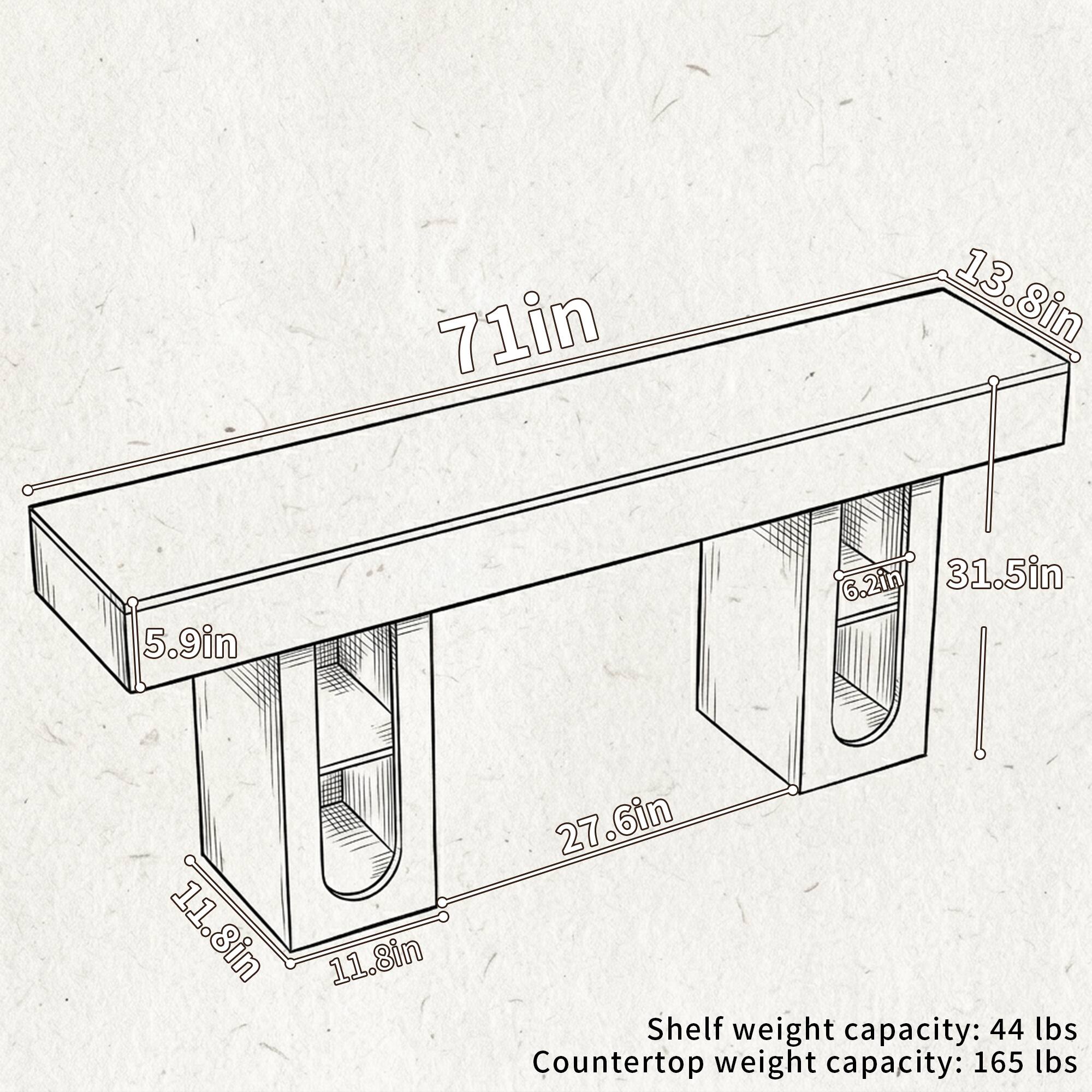 71in x 13.8in x 5.9in x 6.2in x 31.5in x 11.8in x 11.8in x 27.6in

Shelf weight capacity: 44 lbs

Countertop weight capacity: 165 lbs