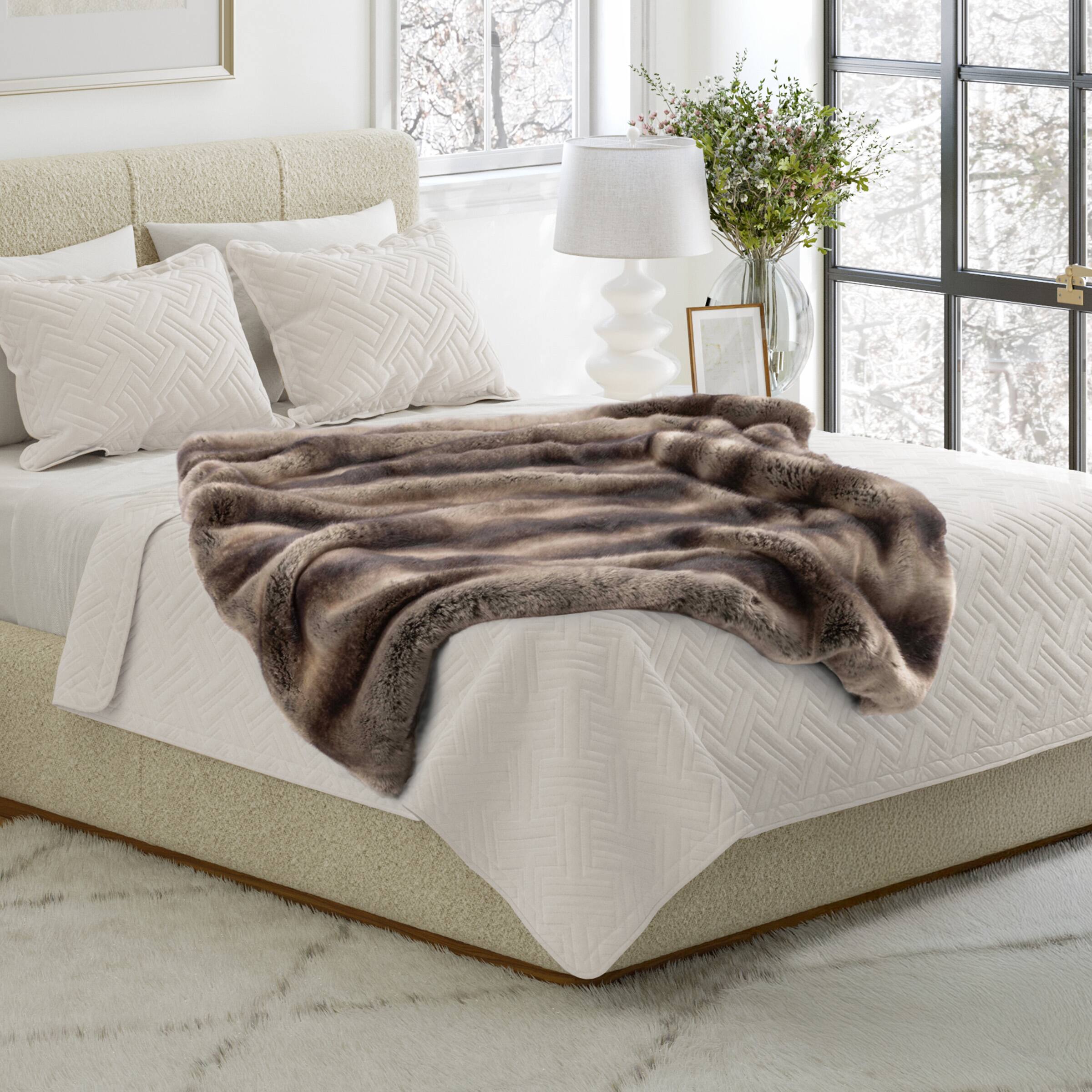 Angle. Lavish Home - 60x70in Faux Fur Blanket - Gray and Brown.