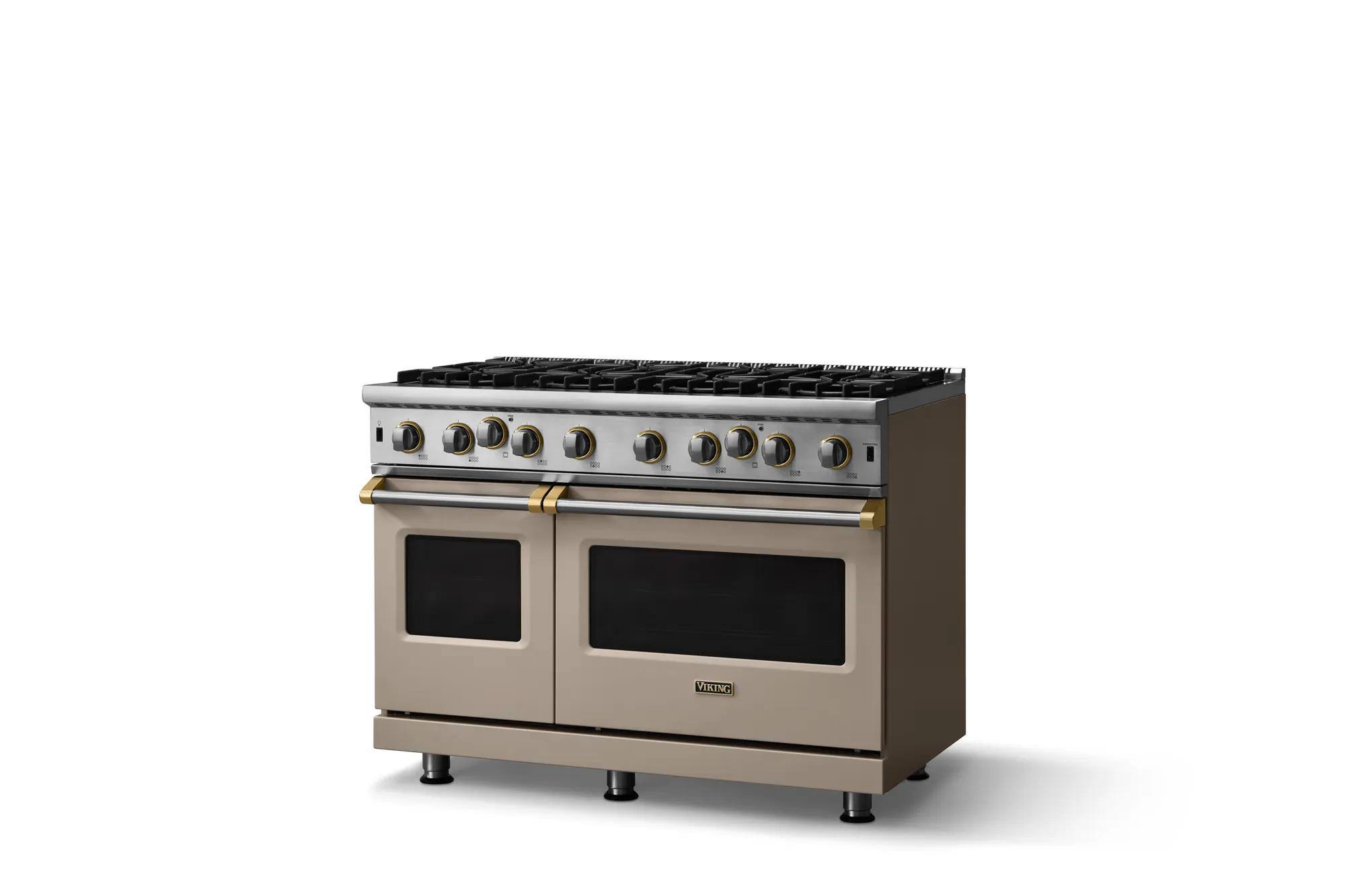 Angle. Viking - Pro 5 Series 6.1 Cu. Ft. Freestanding Open 8 Burner Gas Convection Range - Nantucket w. Brushed Brass - Nantucket.
