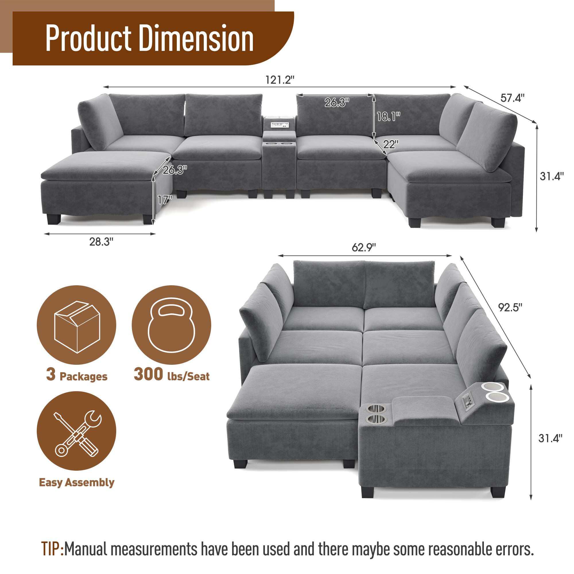Product Dimension: 121.2" x 26.3" x 18.1" x 57.4" x 28.3" x 62.9" x 92.5" x 31.4"

3 Packages

300 lbs/Seat

Easy Assembly

TIP: Manual measurements have been used and there may be some reasonable errors.