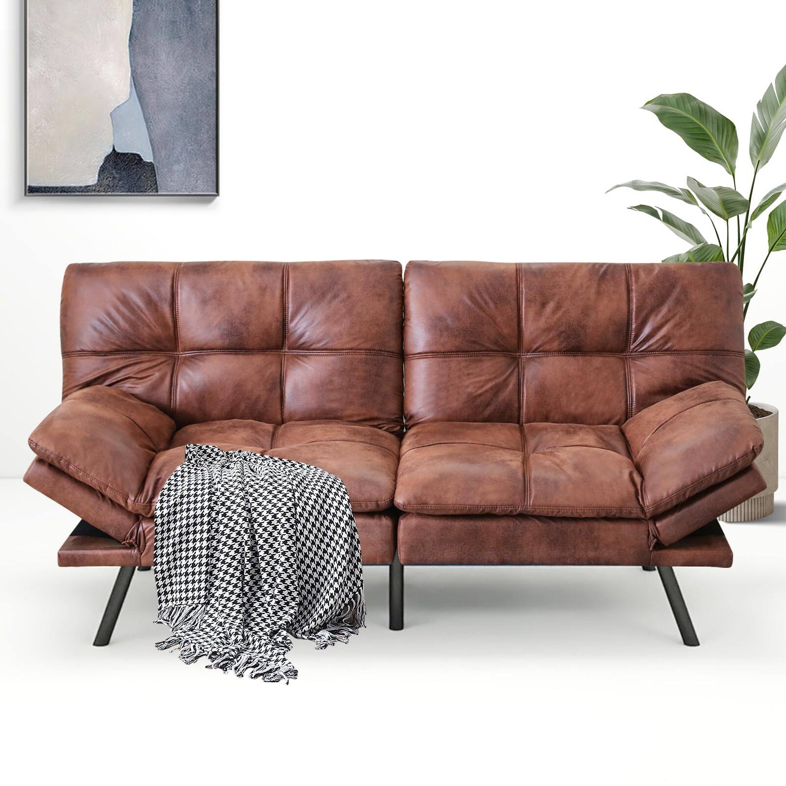 Alt View 3. Dyonery - 71" Futon Sofa Bed, Convertible Guest Bed & Loveseat | Cozy Faux Leather with Adjustable Positions - Brown.