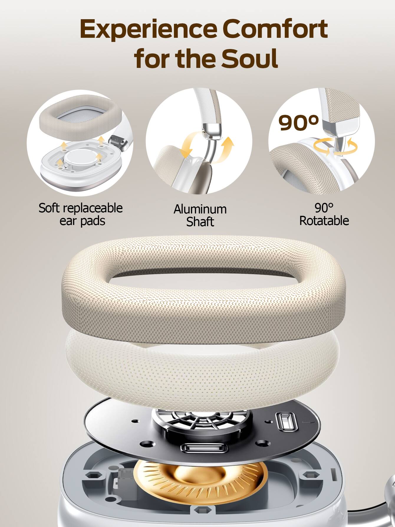 Experience Comfort for the Soul

- Soft replaceable ear pads
- Aluminum Shaft
- 90° Rotatable