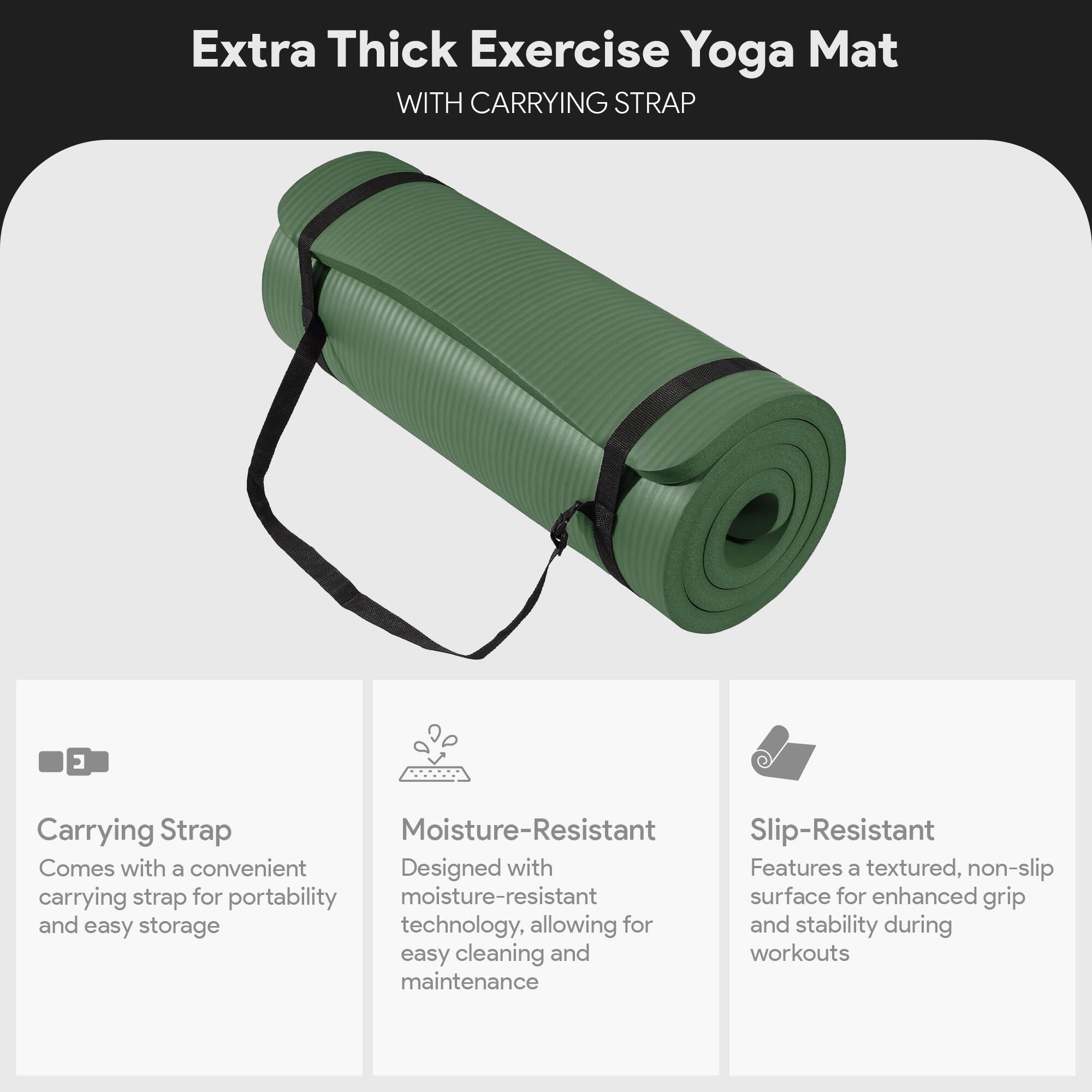 Extra Thick Exercise Yoga Mat WITH CARRYING STRAP

- Carrying Strap: Comes with a convenient carrying strap for portability and easy storage
- Moisture-Resistant: Designed with moisture-resistant technology, allowing for easy cleaning and maintenance
- Slip-Resistant: Features a textured, non-slip surface for enhanced grip and stability during workouts