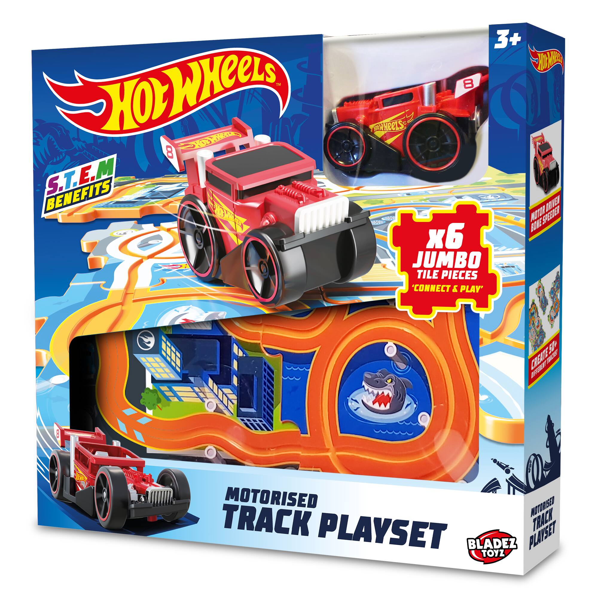 3+ Hot Wheels  
8 Hot Wheels  
8 x6 Jumbo Tile Pieces Connect & Play  
5 Create 3 Motorised Track Playset Bladez Playset Toyz