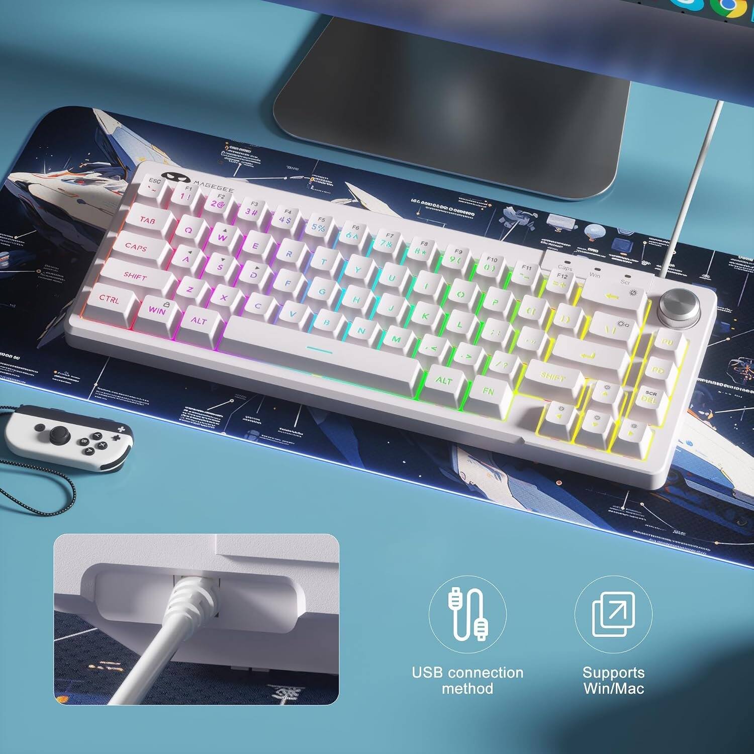 1000:56 00

ESC TAB CAPS SHIFT CTRL a WIN
1 F1 MAGESEE F2 2@ F3 3 G W E A $ D Z X  ALT
FA 4$ R F V
FS 5% T G 8
F6 6A Y H N
F7 7& U J M
104 ......... ....... F5 8* F9 91 F10 0) I C P K L ::  ALT FN
F11 F12 El  SHIFT
Win
Oo GA SCR DEL
MPUNNO -
x
USB connection method
Supports Win/Mac