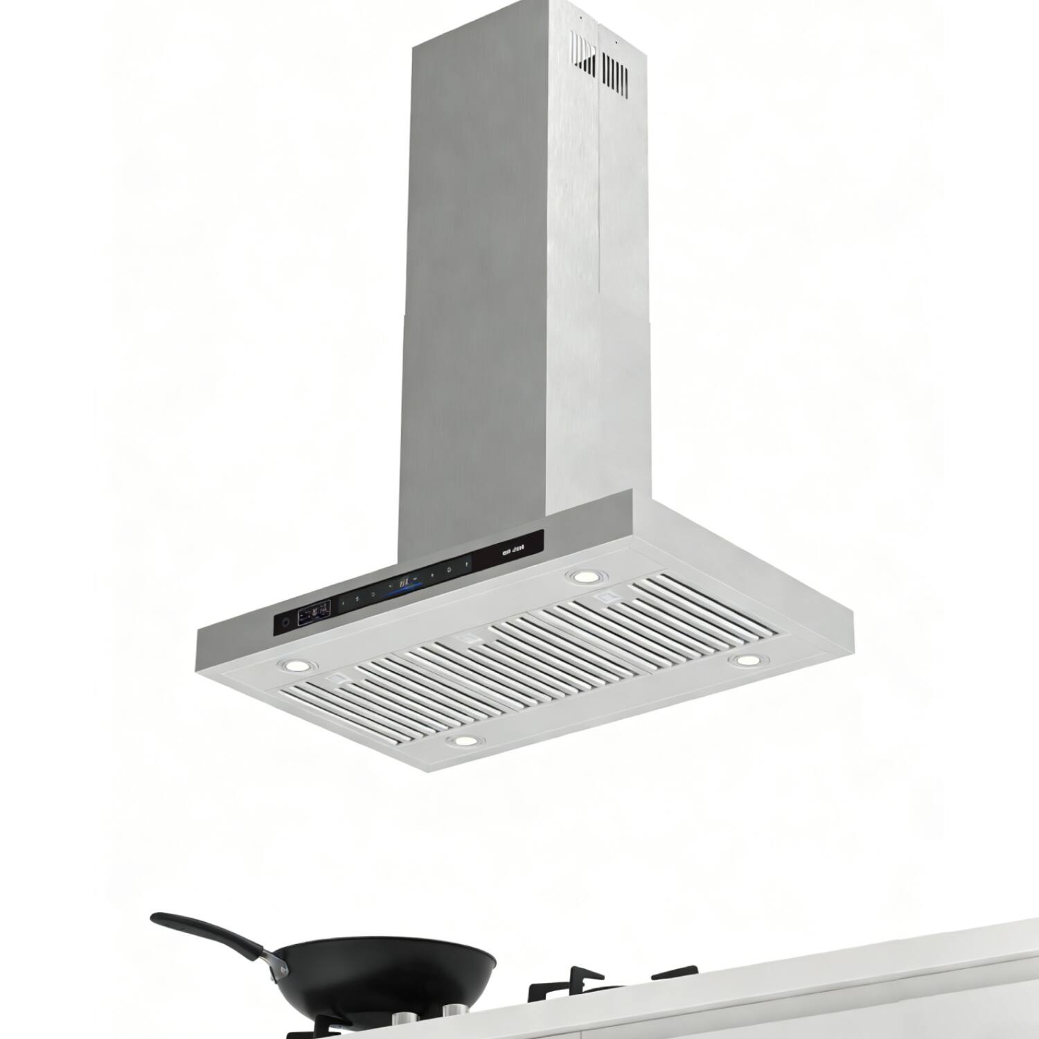 Angle. Brano - BRANO 36-Inch Island Range Hood with Ducted/Ductless Flex Install - 900 CFM, Smart Voice/Gesture/Touch Control - SILVER.