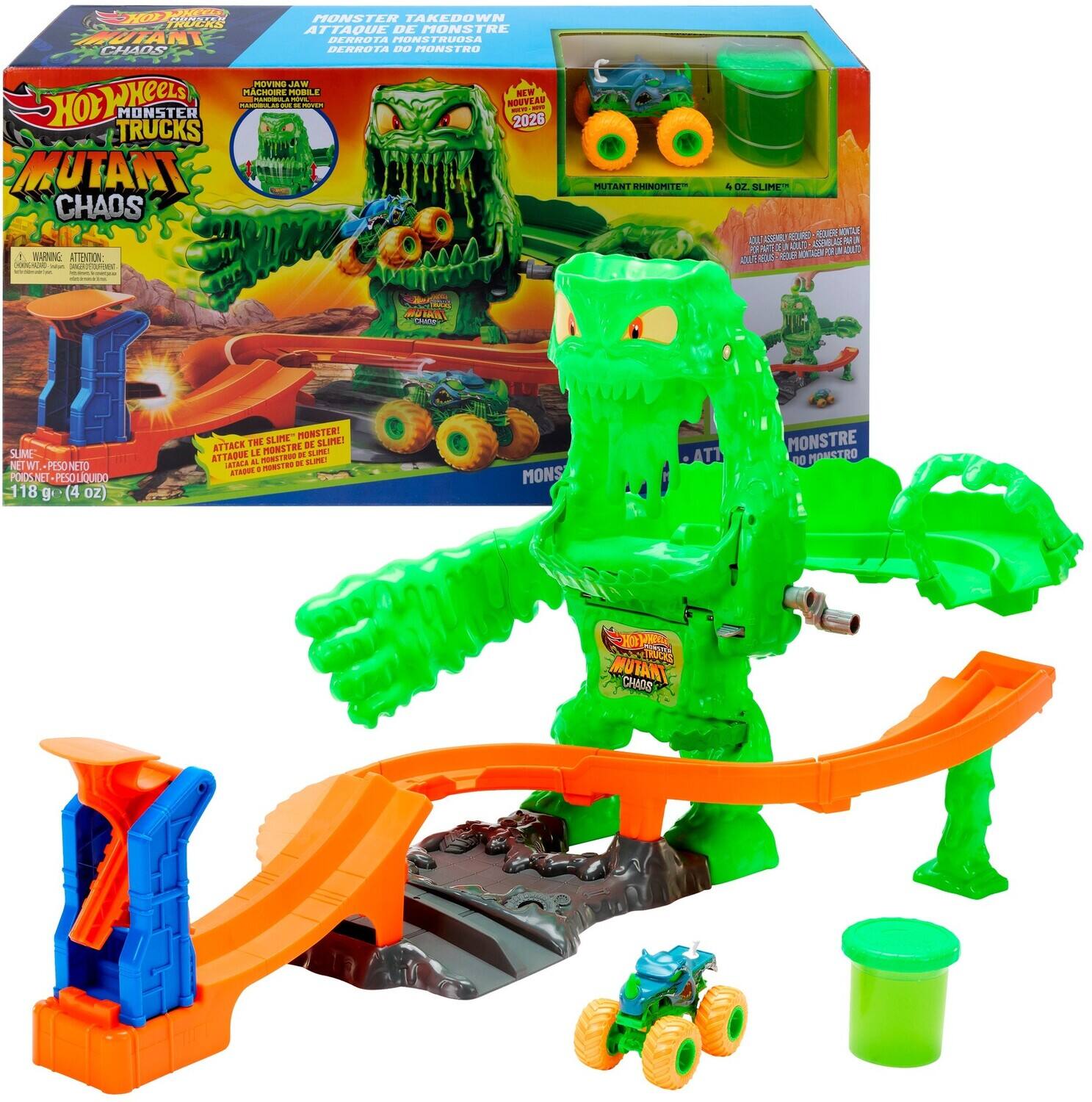 Mattel Hot Wheels Monster Trucks Mutant Chaos Monster Takedown Playset ...