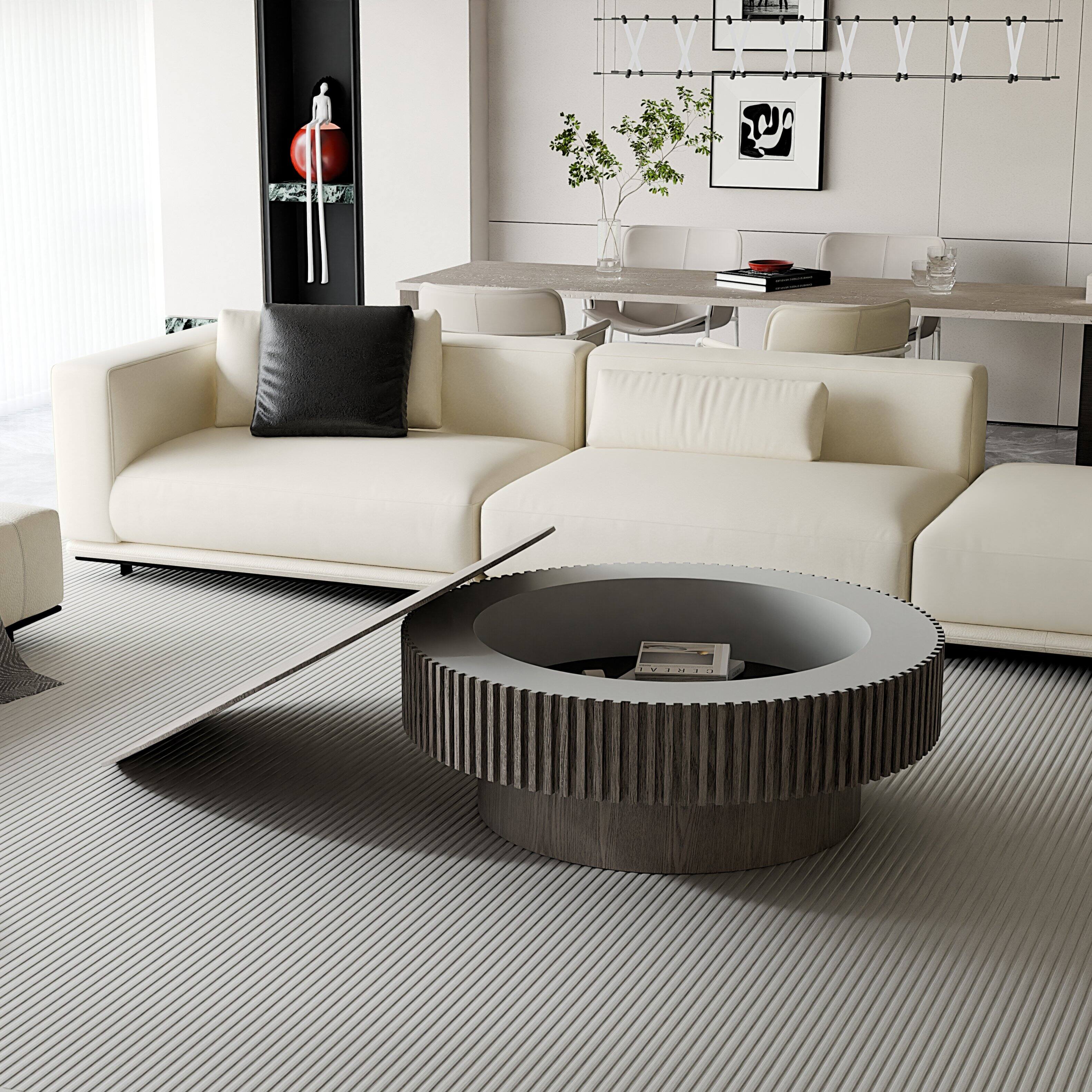 Alt View 1. Loheer - Loheer 39.37 Inch Grey Round Coffee Table with Storage Solid Wood Veneer Modern Accent Tea Table for Living Room - Grey.