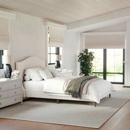 Martha Stewart - Amelia Faux Linen Upholstered Full Size Platform Bed with Curved Headboard - Beige Fabric/Walnut Legs