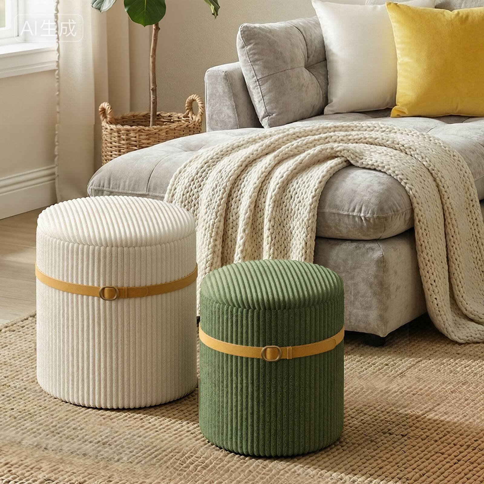Alt View 6. Pinmoco - Pinmoco Round Storage Ottoman Set of 2, Modern Upholstered Foot Rest Stool, 300 lbs Capacity - white green.