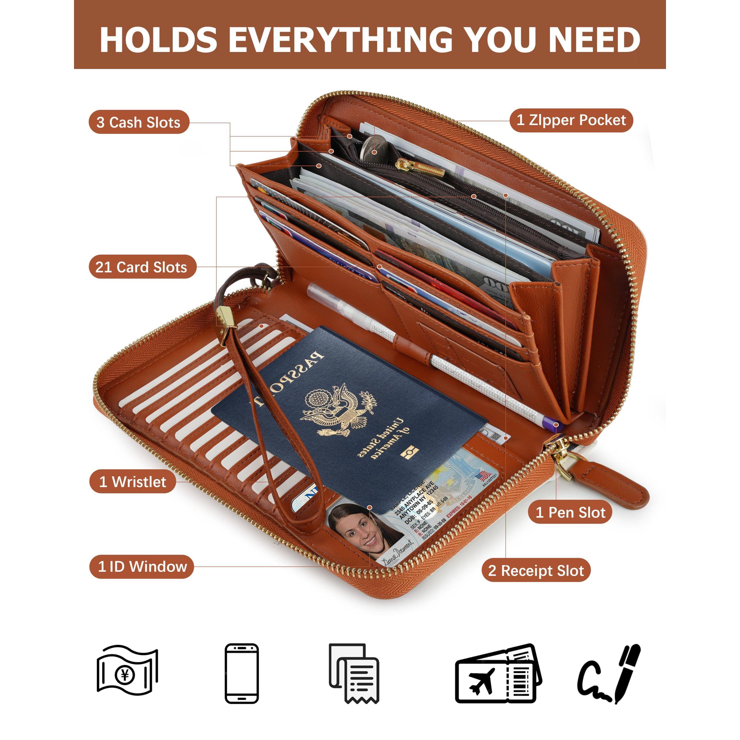 Back. Jadie Link - Large Travel Wallet Women Rfid Zipper Airtag Slot Passport Holder Clutch Wristlet Smart, Stylish, DurableThis leather - Brown.