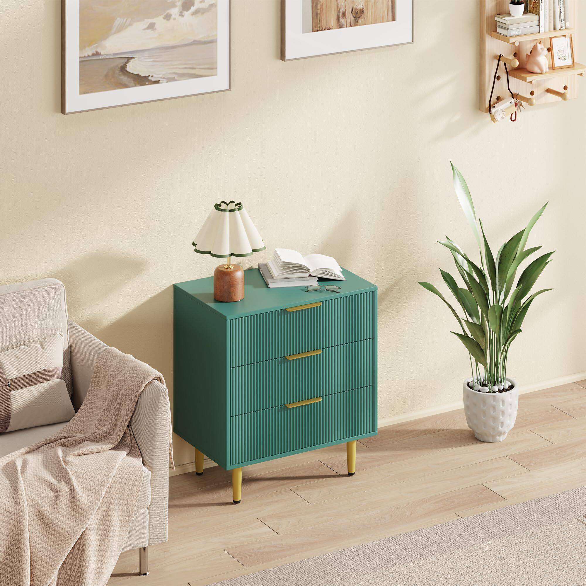 Alt View 1. Acekool - Fluted Dresser for Bedroom with 3 Drawers, Wooden Chest of Drawers with Metal Handle & Feet - Green.