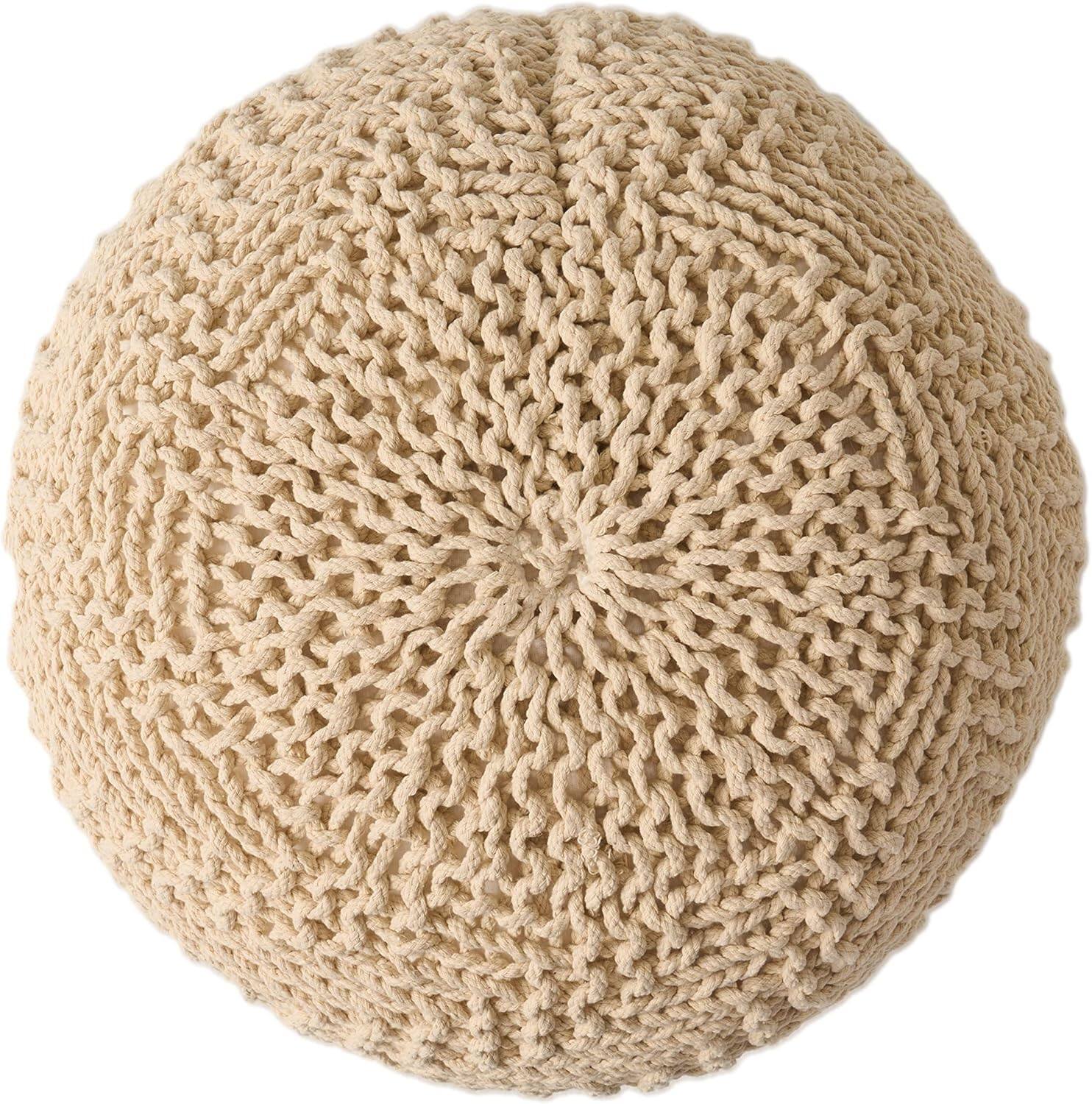 Left. GOODSILO - Round Knit Weave Fabric Pouf Ottoman with Textured Design for Modern Living Room and Bedroom Decor - Cotton.
