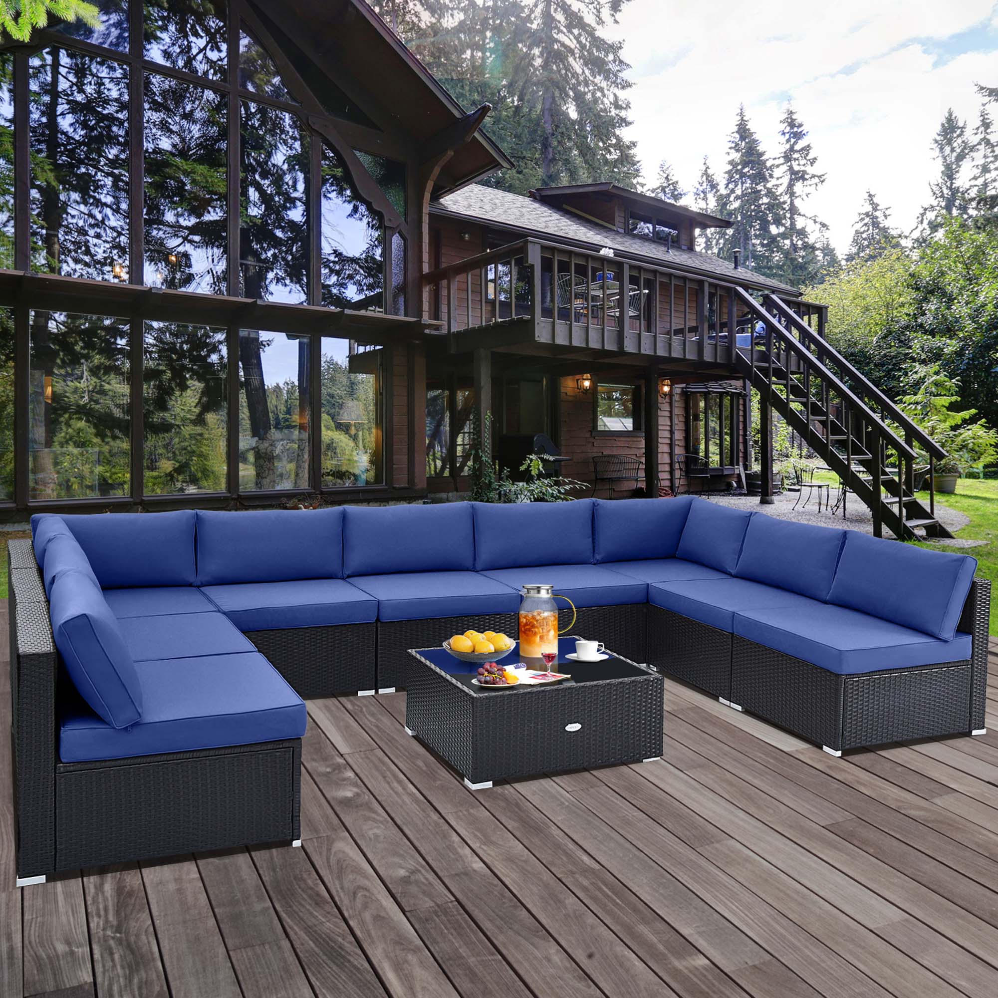 Alt View 3. Costway - Costway 10 PCS Patio Rattan Furniture Set Outdoor Wicker Sofa Table Cushioned Seat - Brown,Navy.