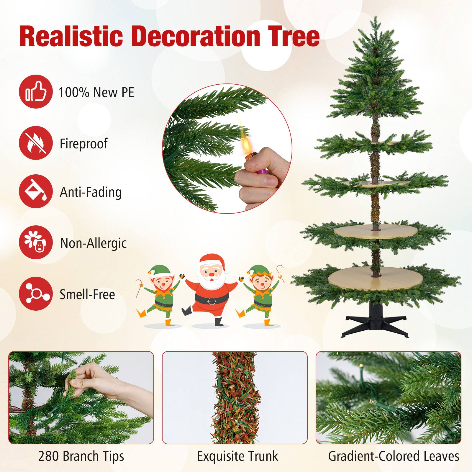 Realistic Decoration Tree

- 100% New PE
- Fireproof
- Anti-Fading
- Non-Allergic
- Smell-Free

280 Branch Tips

Exquisite Trunk

Gradient-Colored Leaves