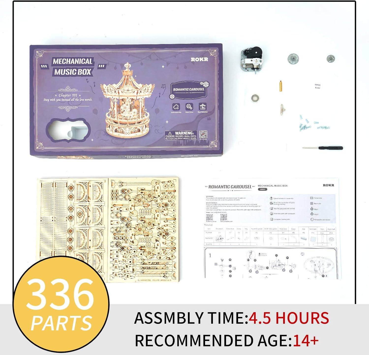 MECHANICAL MUSIC BOX  
ROMANTIC CAROUSEL  

Stay with you until the end of the world.  

336 PARTS  
ASSEMBLY TIME: 4.5 HOURS  
RECOMMENDED AGE: 14+