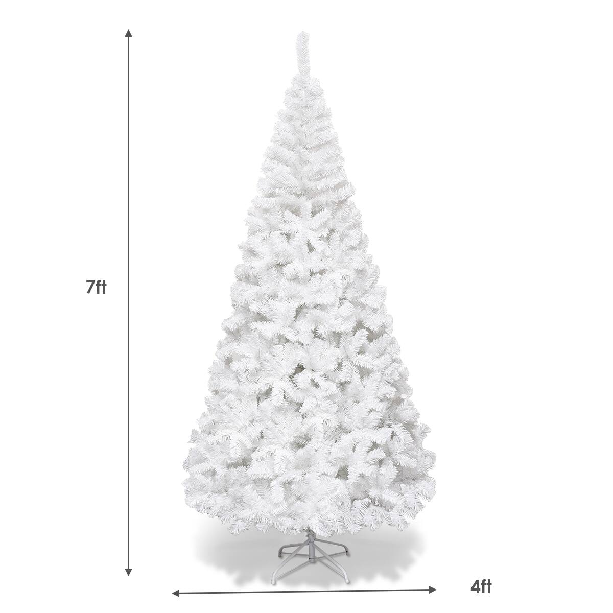 The text on the image reads "7ft 4ft" which indicates that the white Christmas tree is 7 feet tall and 4 feet wide.