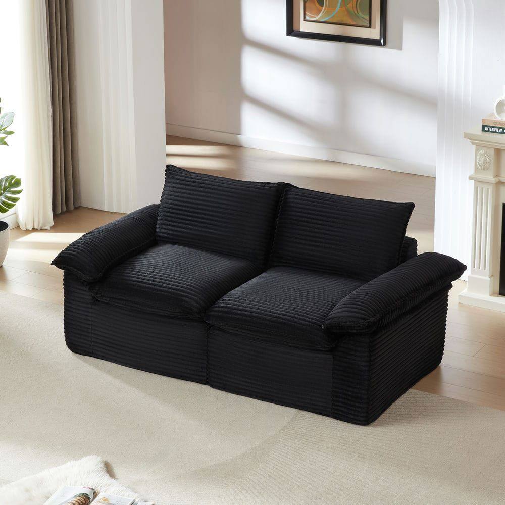 Left. Kadyn - Oversized Modular Corduroy Sofa, Cloud Couch with Removable Cushions, Black - Black.