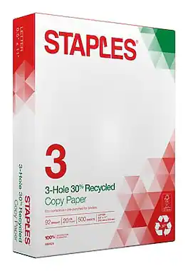 Staples - 30% Recycled 8.5" x 11" 3-Hole Punched Copy Paper, 20 lbs., 92 Brightness, 500/Ream - White
