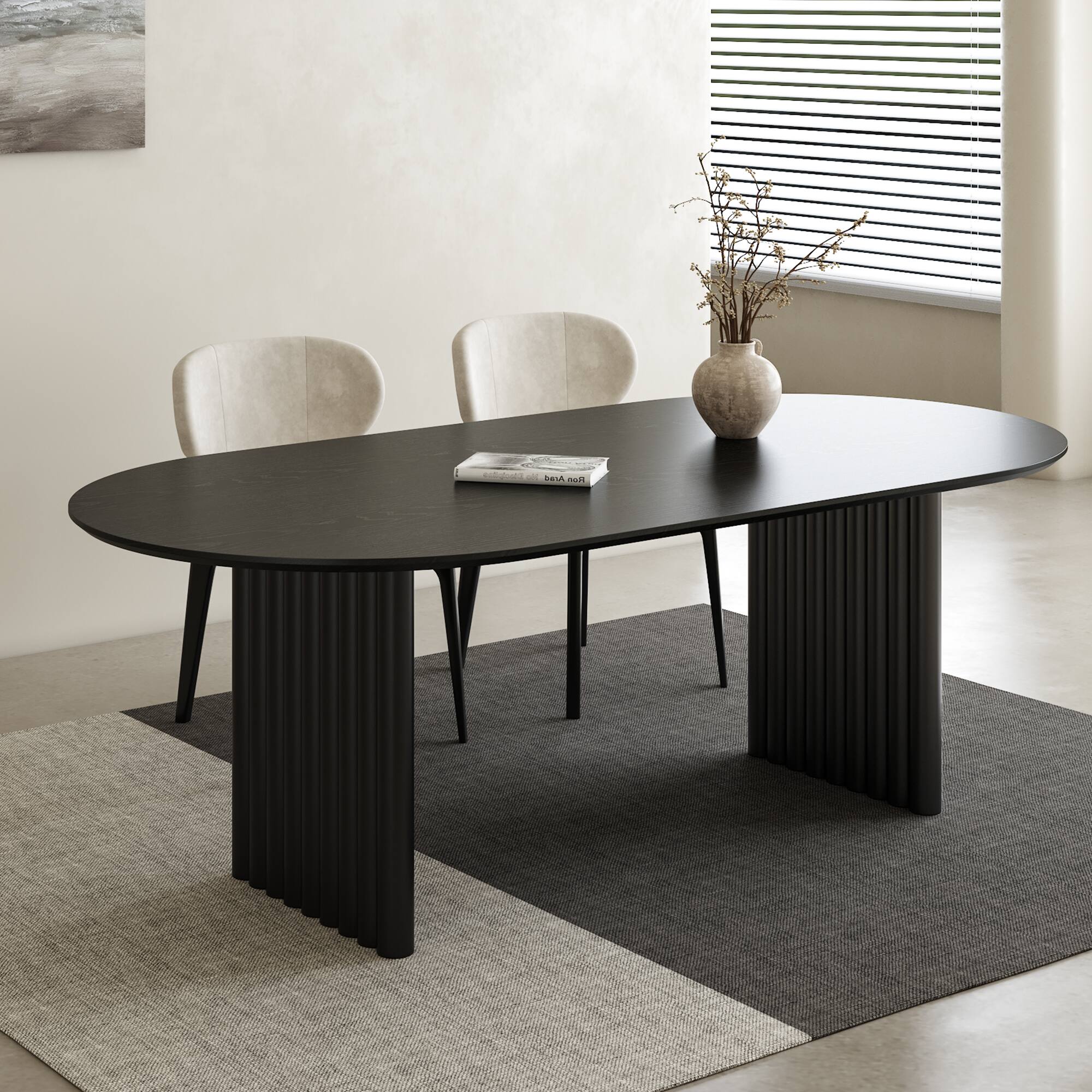 Angle. Lirago - 67" Solid Wood Oval Dining Table with Double Pedestal Large Kitchen Table Seats 6 for Dining Room - Black.