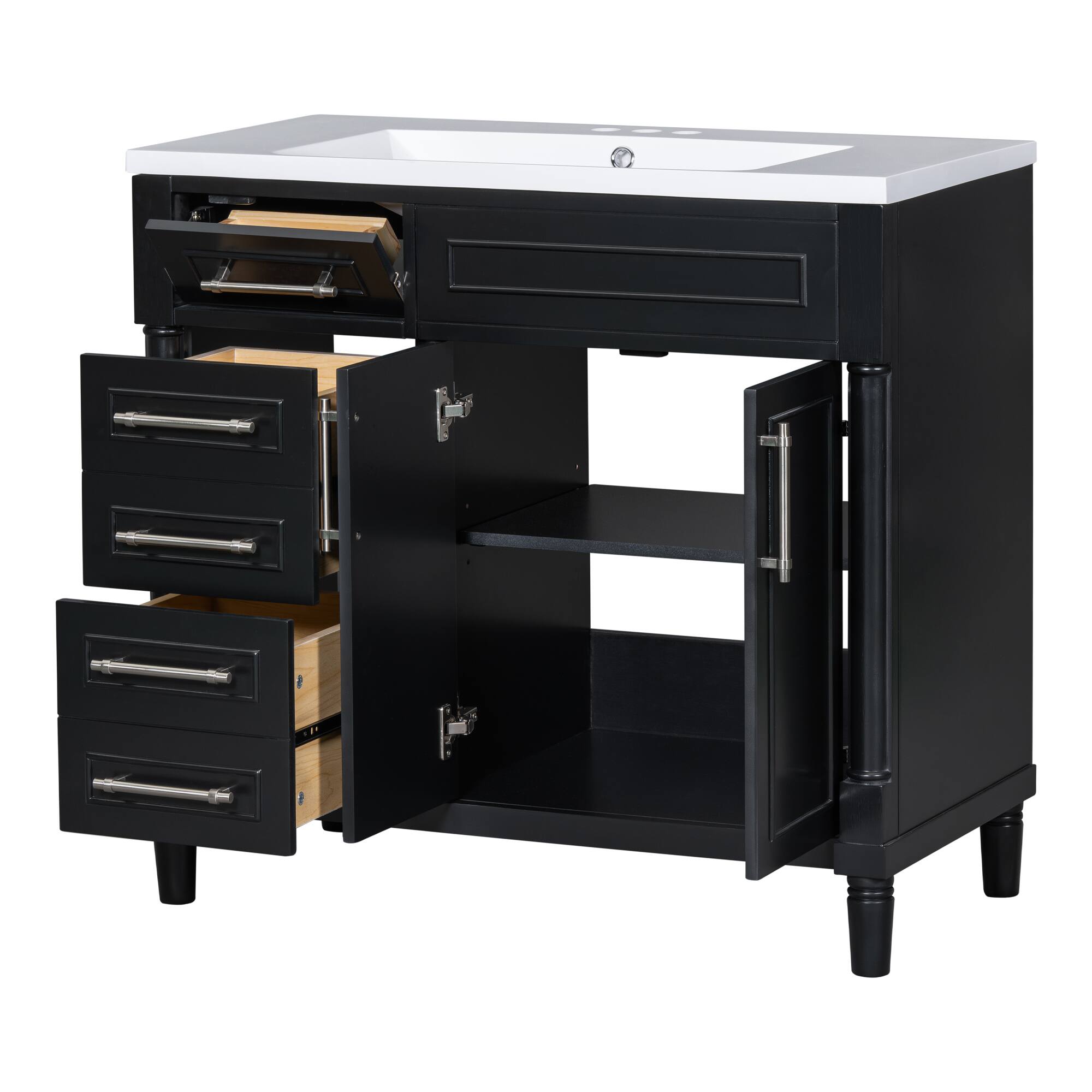 Alt View 6. Tiramisubest - 36" Bathroom Vanity with Top Resin Sink, Bathroom Storage Cabinet with 2 Drawers and a Tip-out Drawer,  Adjustable Shelf - Black.