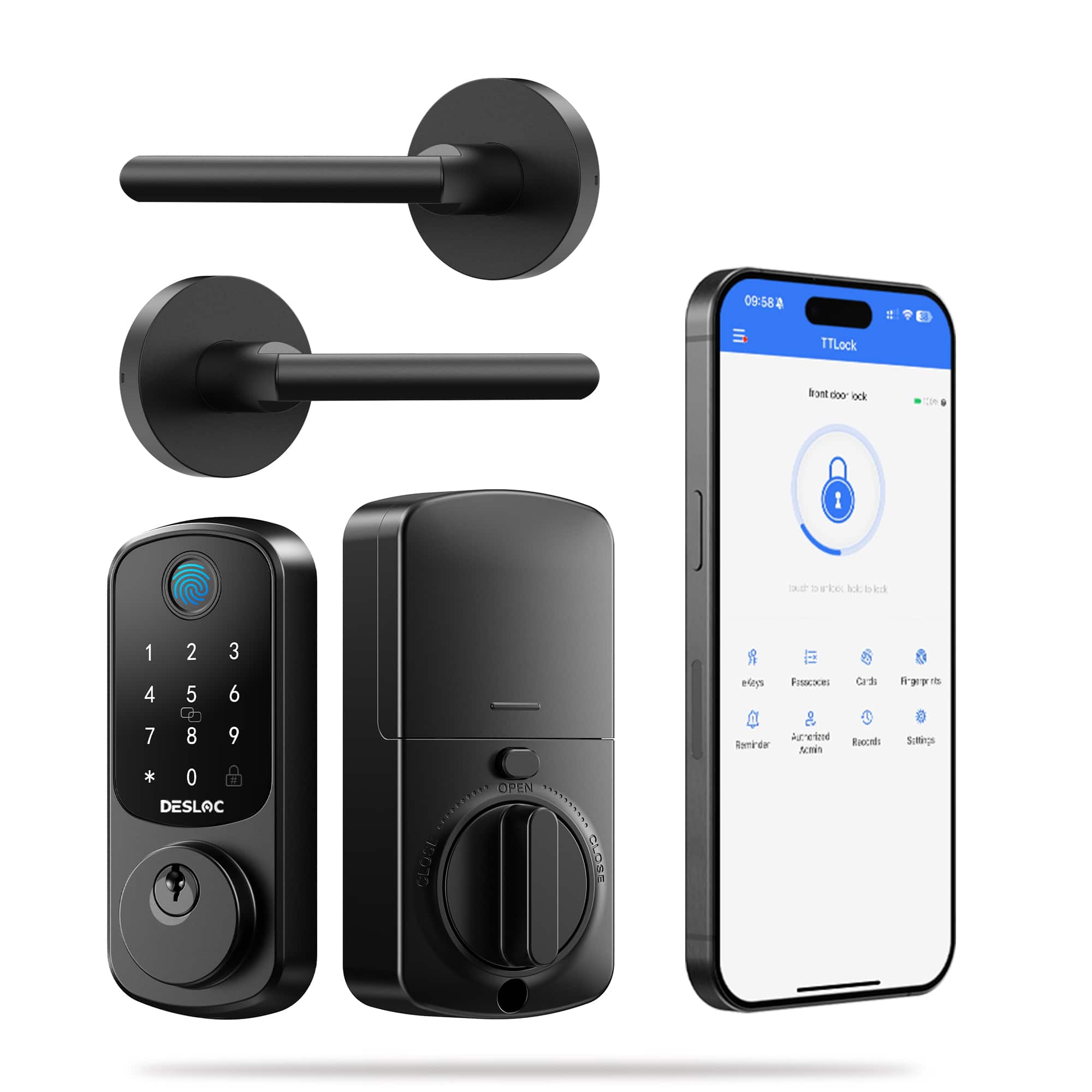 DESLOC - B200 Smart Lock Keyless Entry Fingerprint Deadbolt with Handle/Lever Set, Front Door Replacement, Bluetooth App - Black - Knob Lever