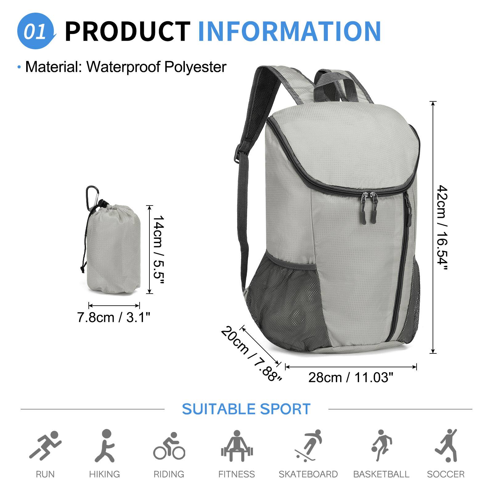 01 PRODUCT INFORMATION  
Material: Waterproof Polyester  

- 14cm / 5.5"  
- 42cm / 16.54"  
- 7.8cm / 3.1"  
- 20cm / 7.88"  
- 28cm / 11.03"  

SUITABLE SPORT  
RUN  
HIKING  
RIDING  
FITNESS  
SKATEBOARD  
BASKETBALL  
SOCCER