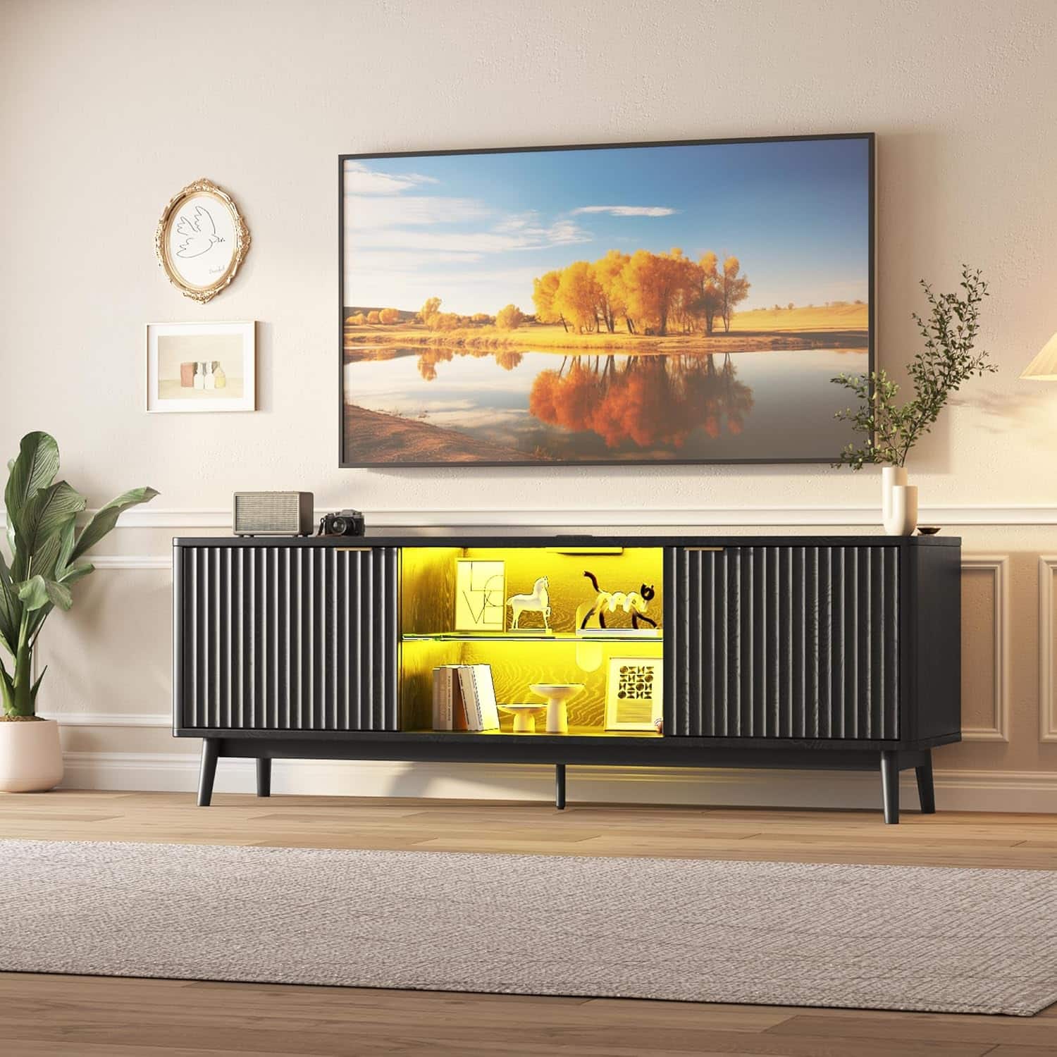 Babevy - 63'' TV Stand, Modern TV Stand with Storage, Power Outlets and Adjustable Shelf, TV Console for Living Room Bedroom - Black