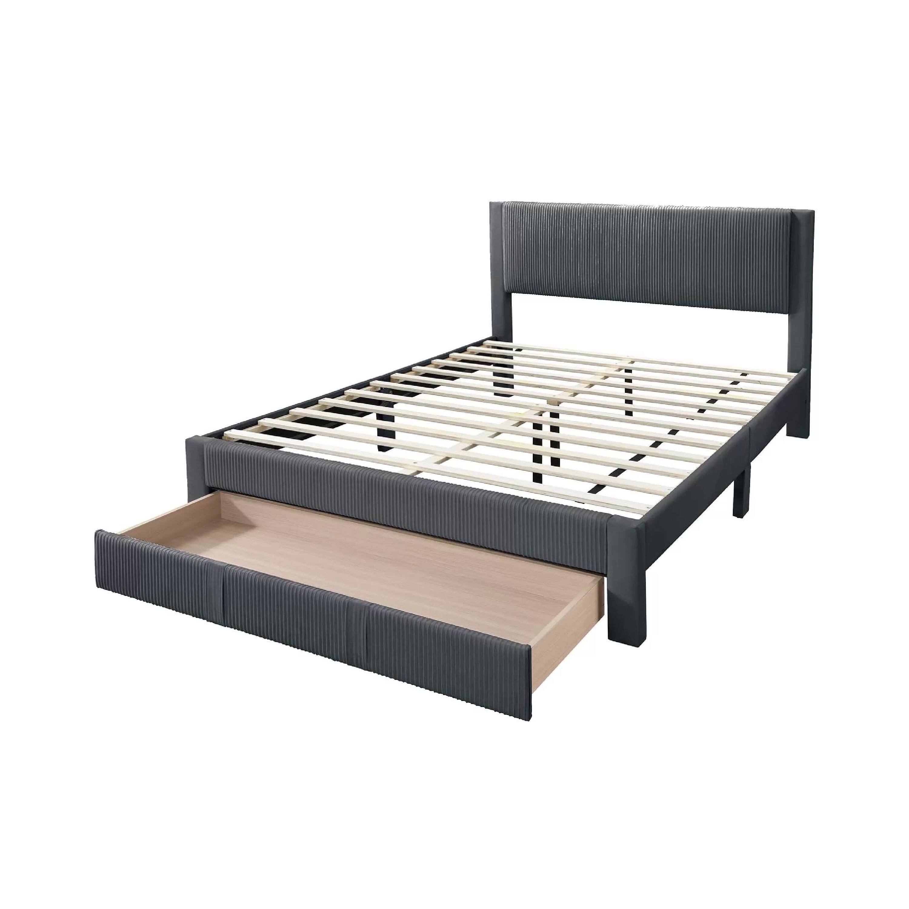 Angle. Manhattan Lane - Daisy Full Bed w Drawer, Dark Gray Corduroy Upholstery, Foam Headboard - Dark Gray.