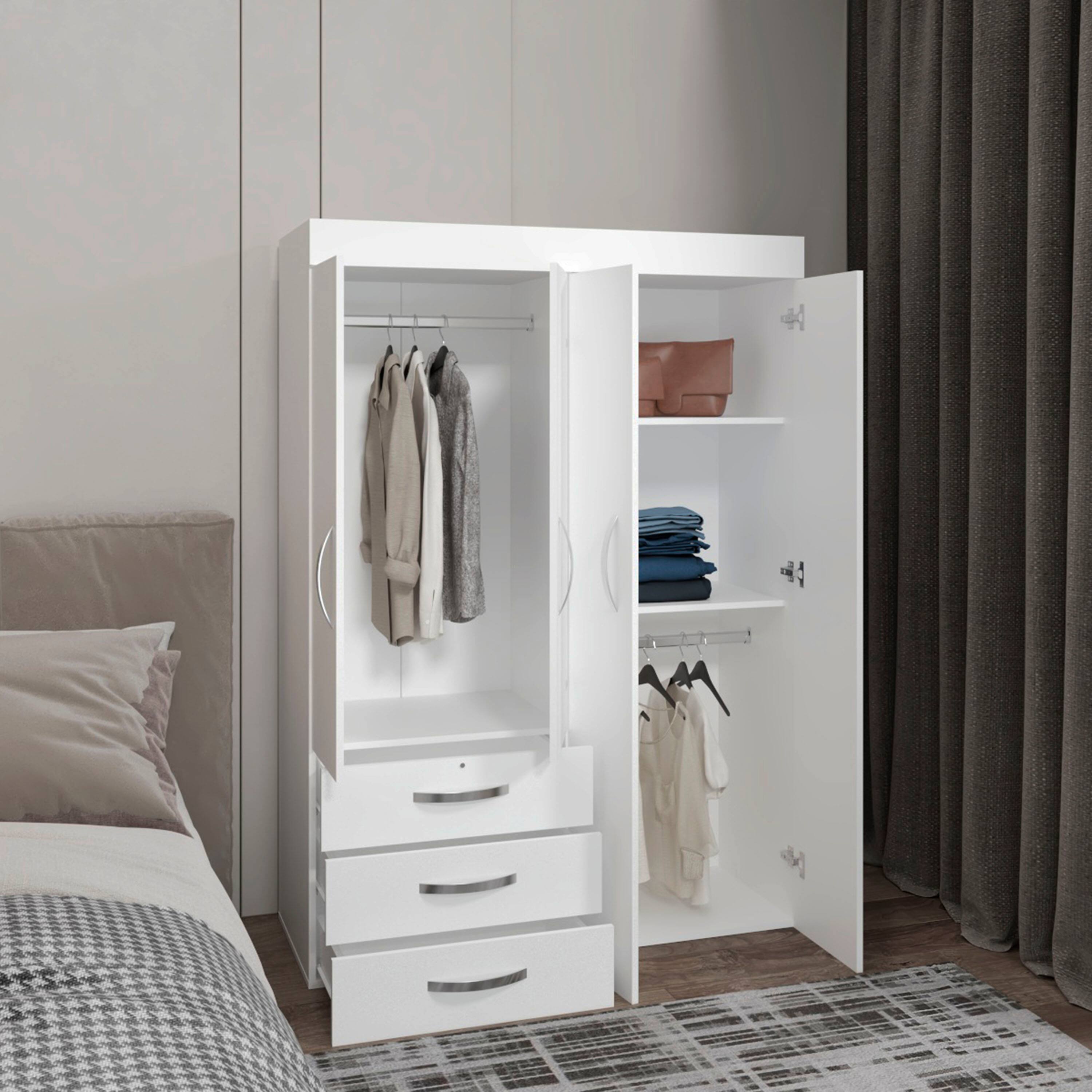 Back. TuHome - Denver Adjustable Armoire, Rods, Double Door Cabinet, Three Drawers, Two Shelves - White.